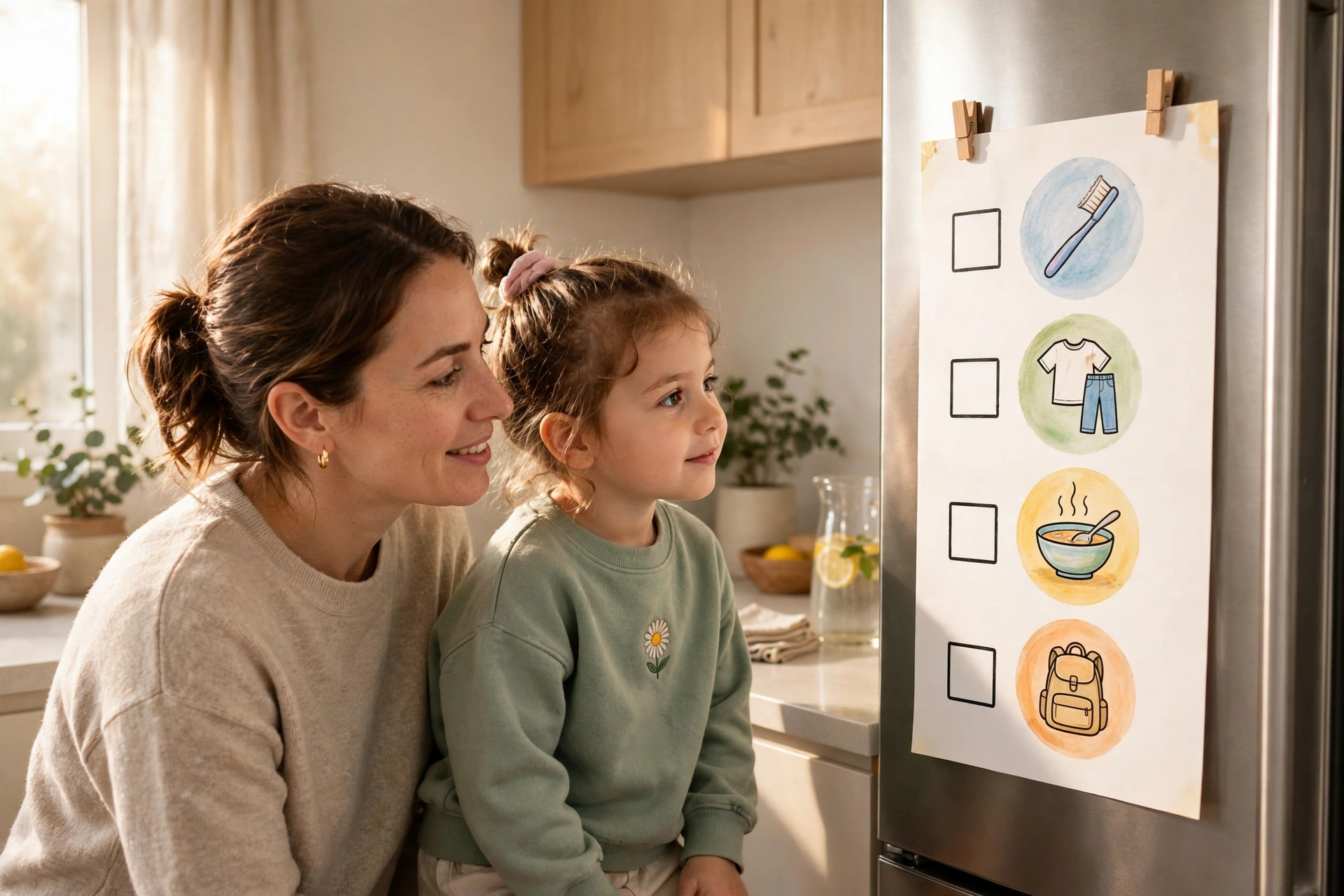 Mom and child looking at a morning routine chart on the fridge