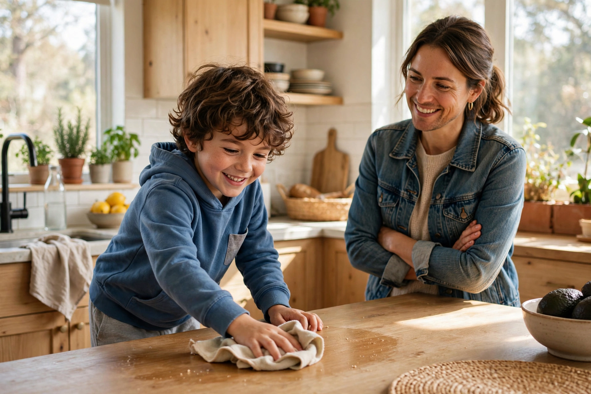 Child wiping a kitchen table while a parent watches proudly