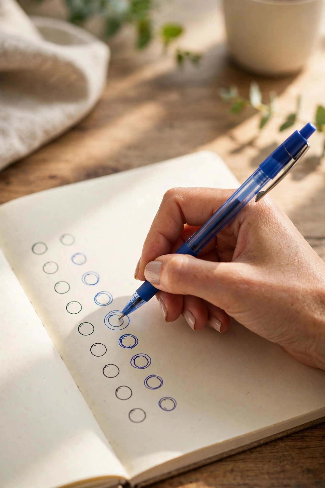 Close-up of a hand circling three items on a handwritten family schedule with a pen