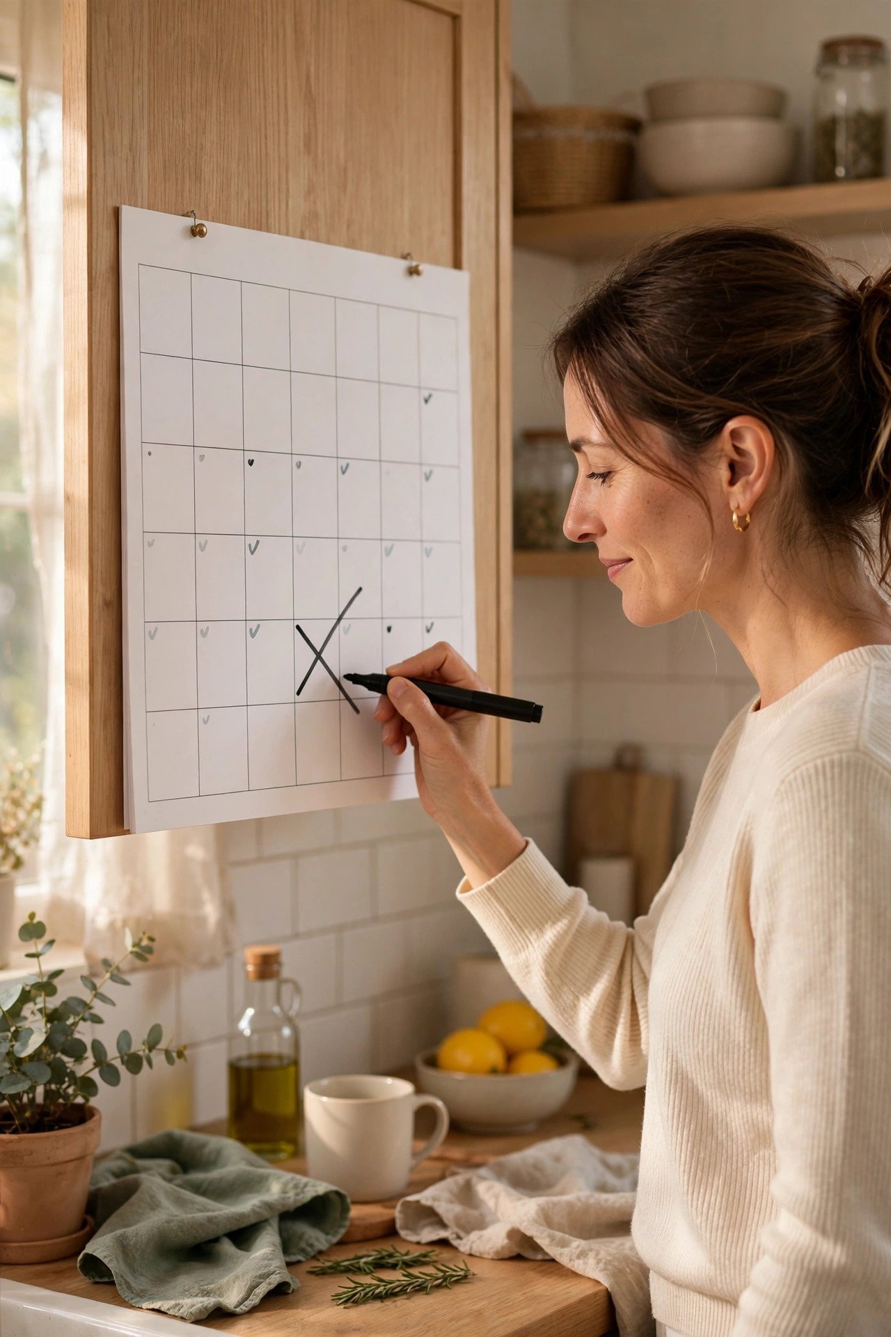 Mom crossing out one event on a paper wall calendar in a cozy kitchen