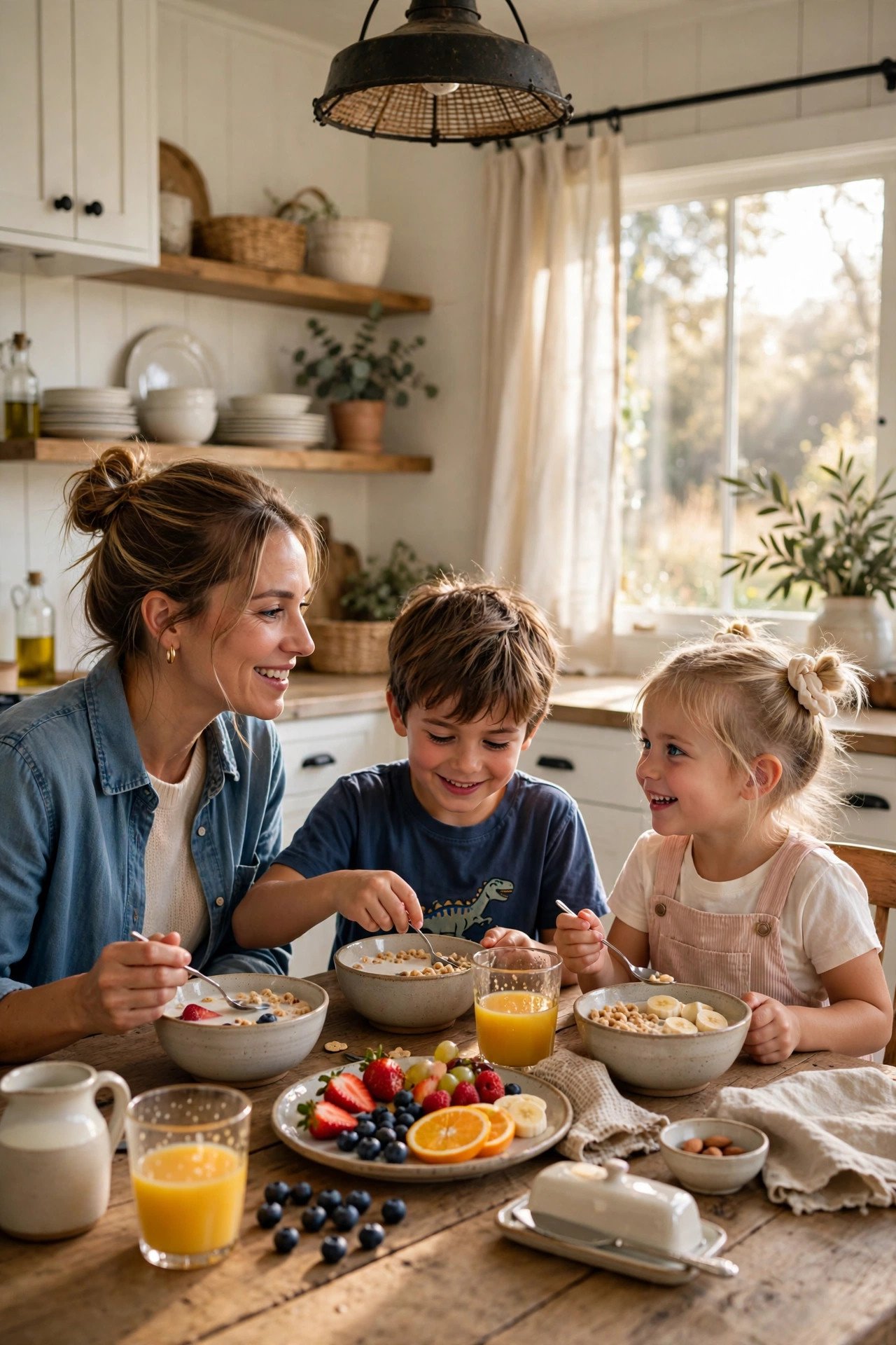 Mom and two kids eating breakfast together at a sunny kitchen table, talking and smiling