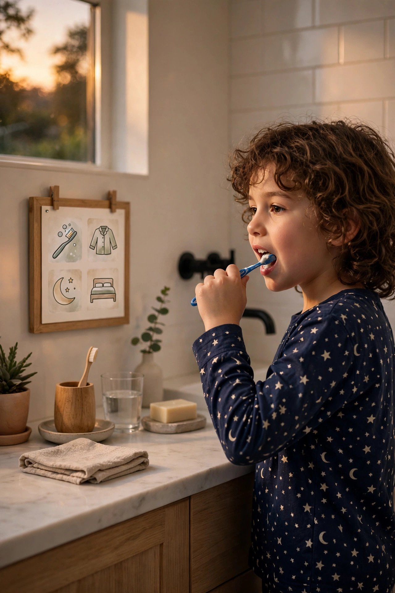 A calm bedtime scene with a child in pajamas brushing teeth, following a bedtime routine chart on the bathroom wall.
