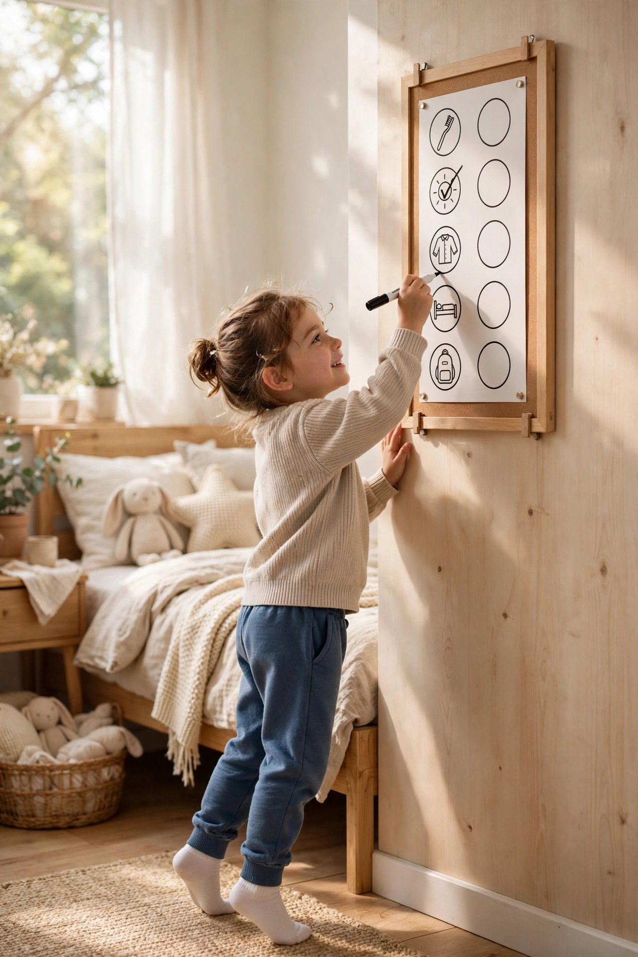 A small child checking off a step on a routine chart with a dry-erase marker, standing on tiptoes.