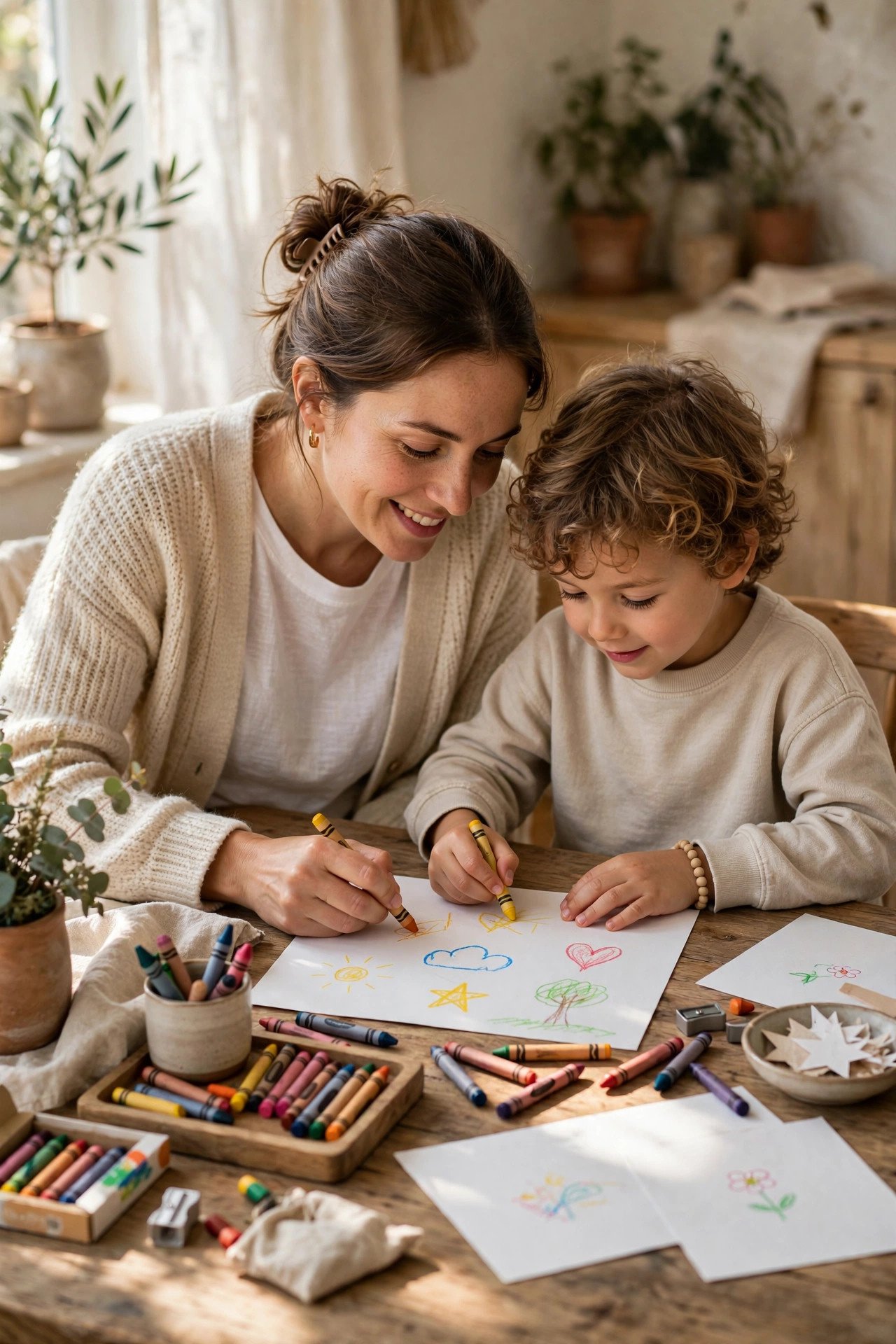 A parent and child drawing simple picture icons for a routine chart together at a table.