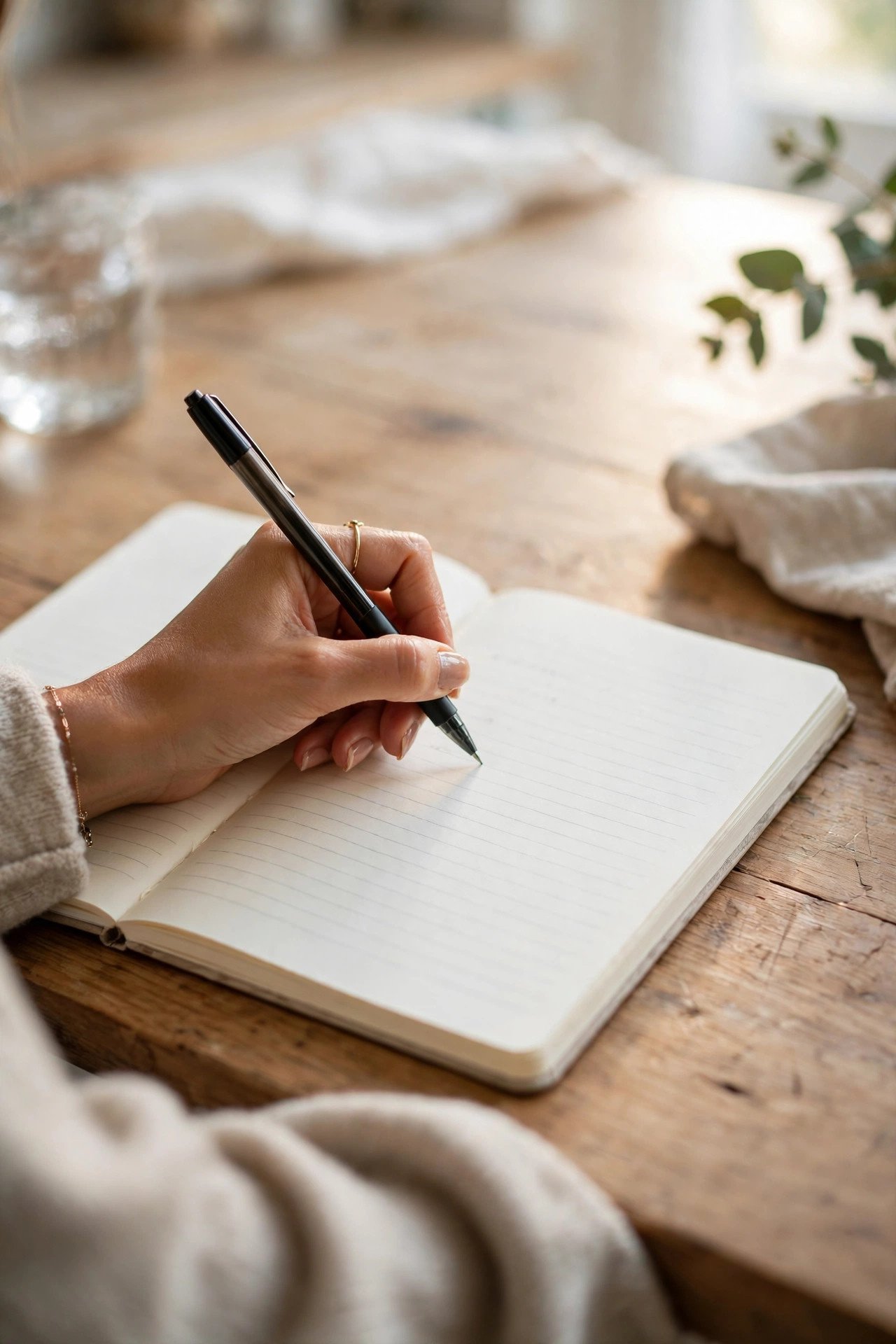 Overhead view of an open notebook with a handwritten list of weekly family activities and a pen