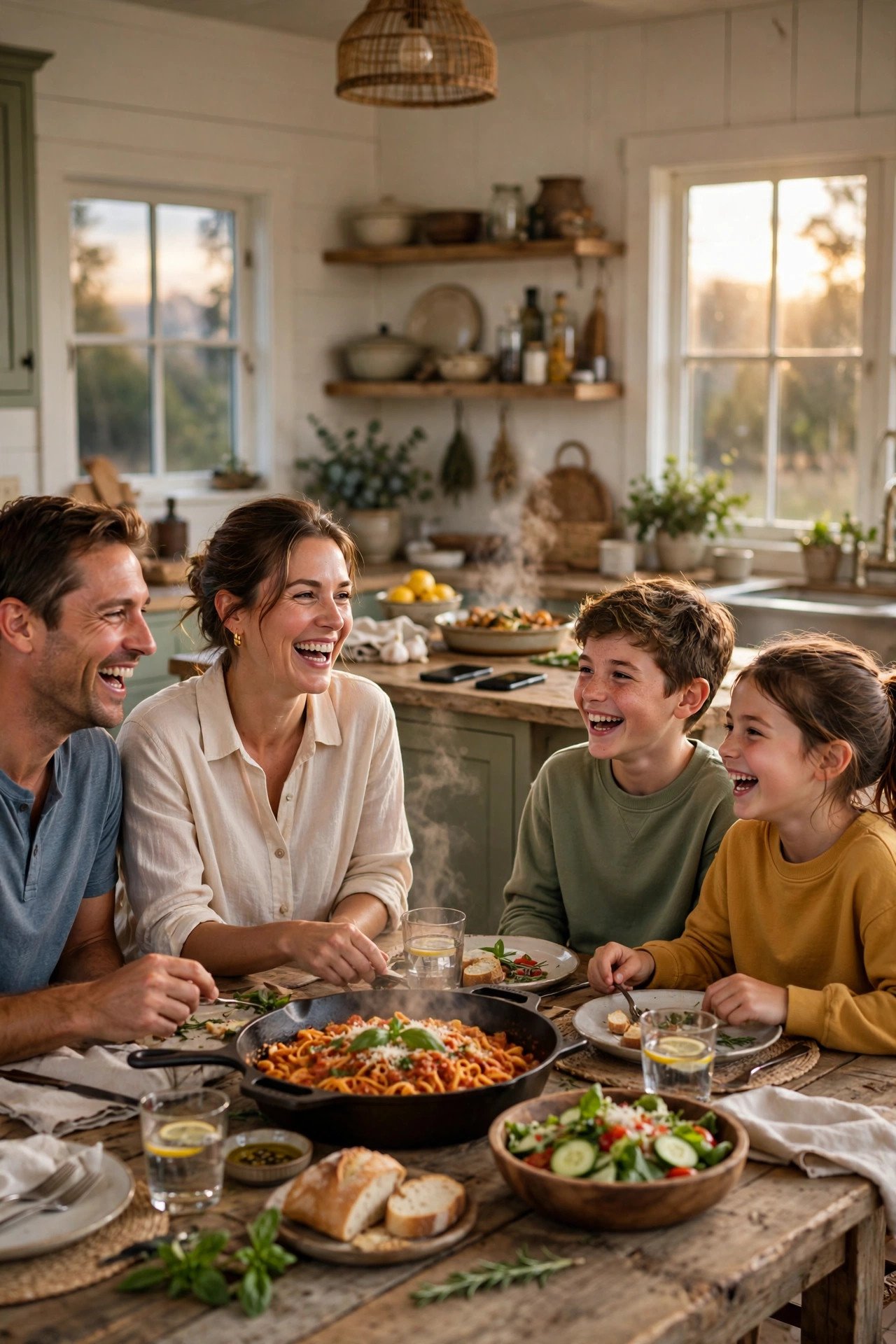 Family of four eating dinner together at a wooden table with phones left face down on the kitchen counter