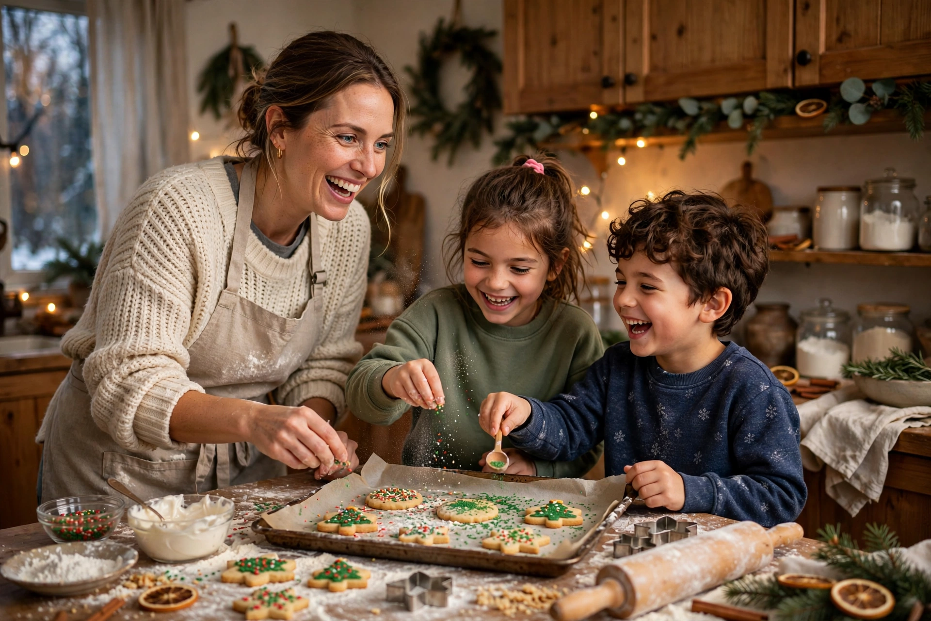 Family decorating cookies together in a warm kitchen