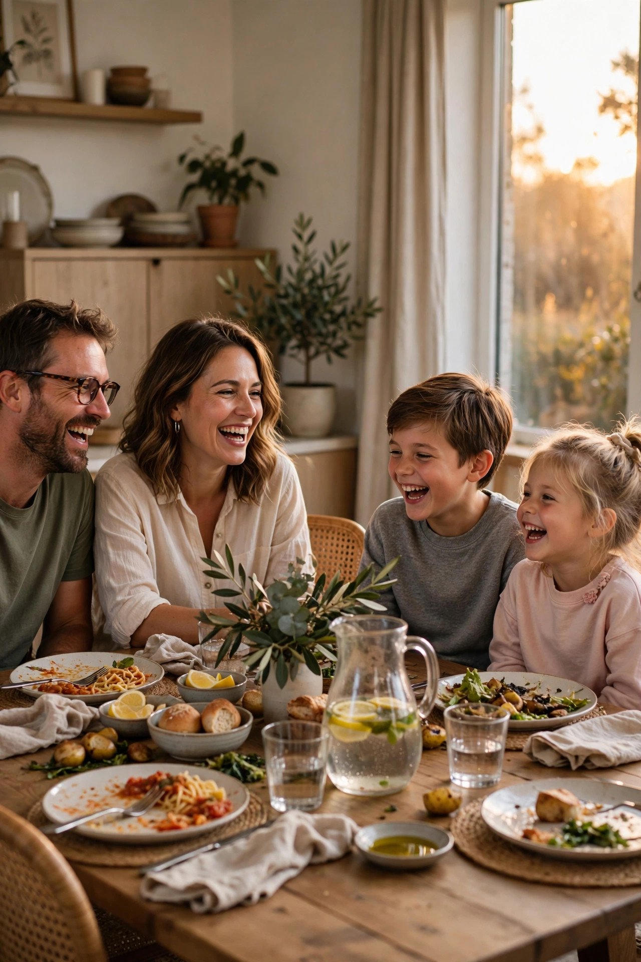A happy family laughing together at home