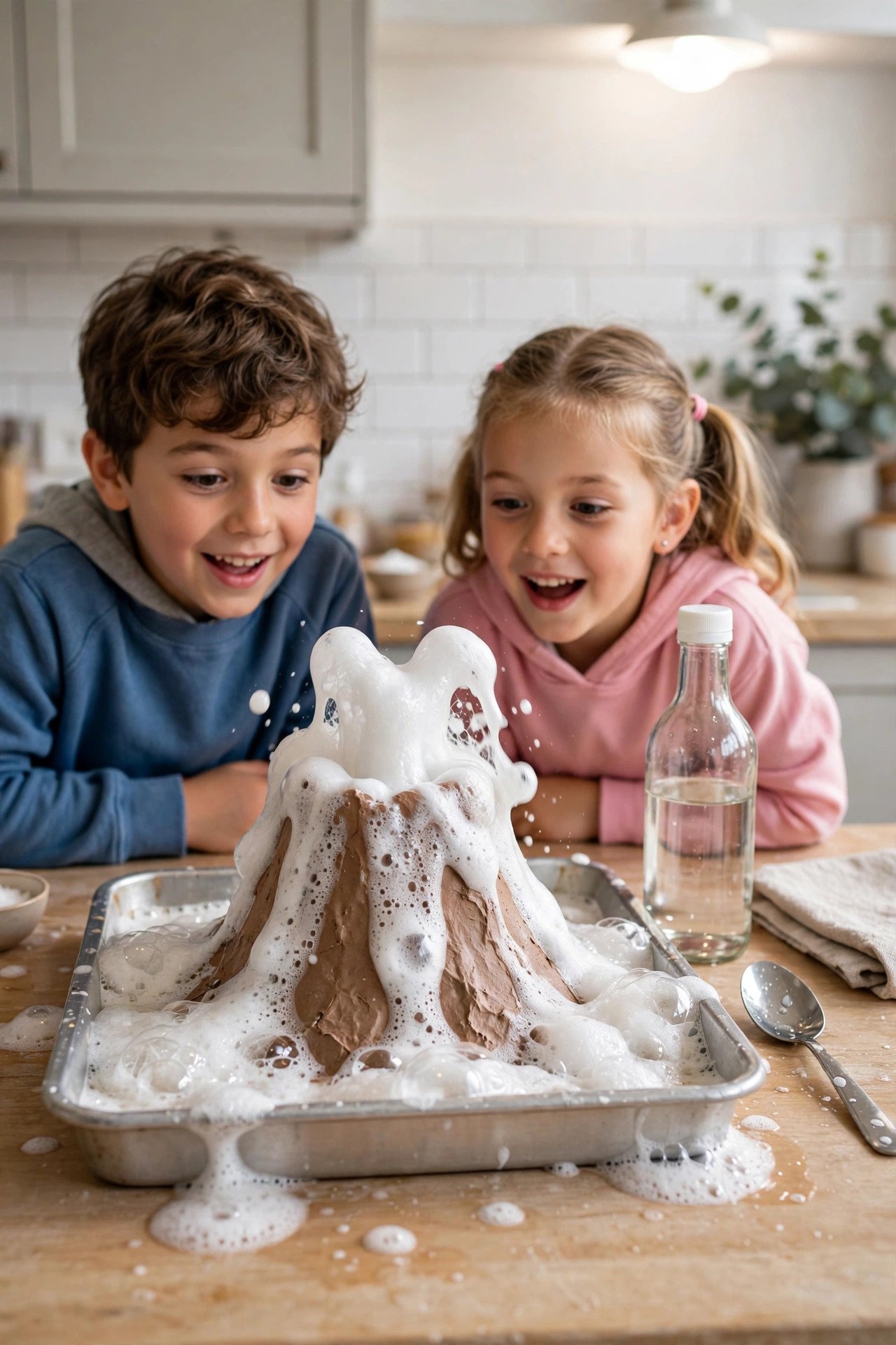 A baking soda volcano fizzing over inside a rimmed baking tray on a kitchen counter while two kids watch.