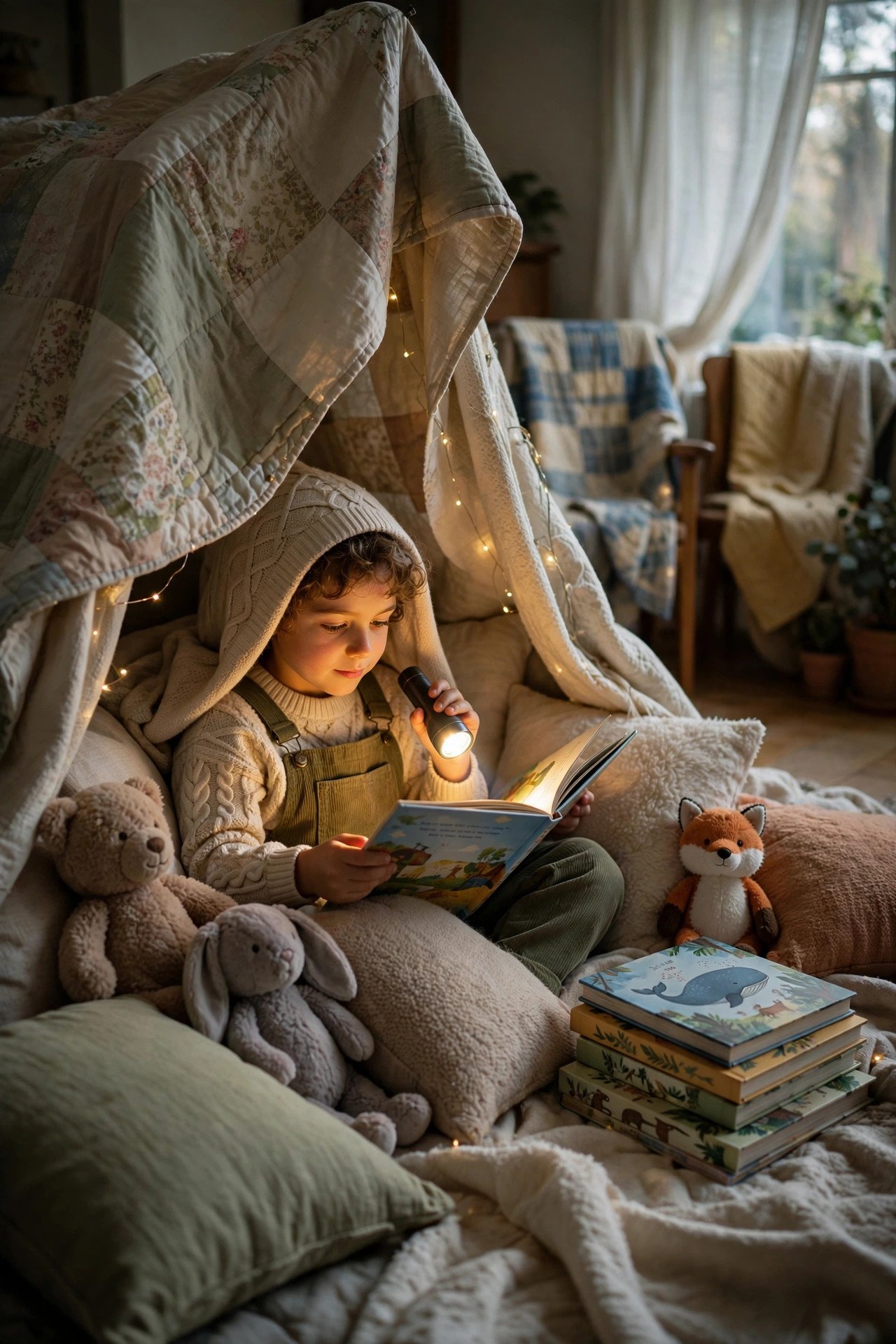 A child reading a picture book by flashlight inside a blanket fort made of chairs and quilts.