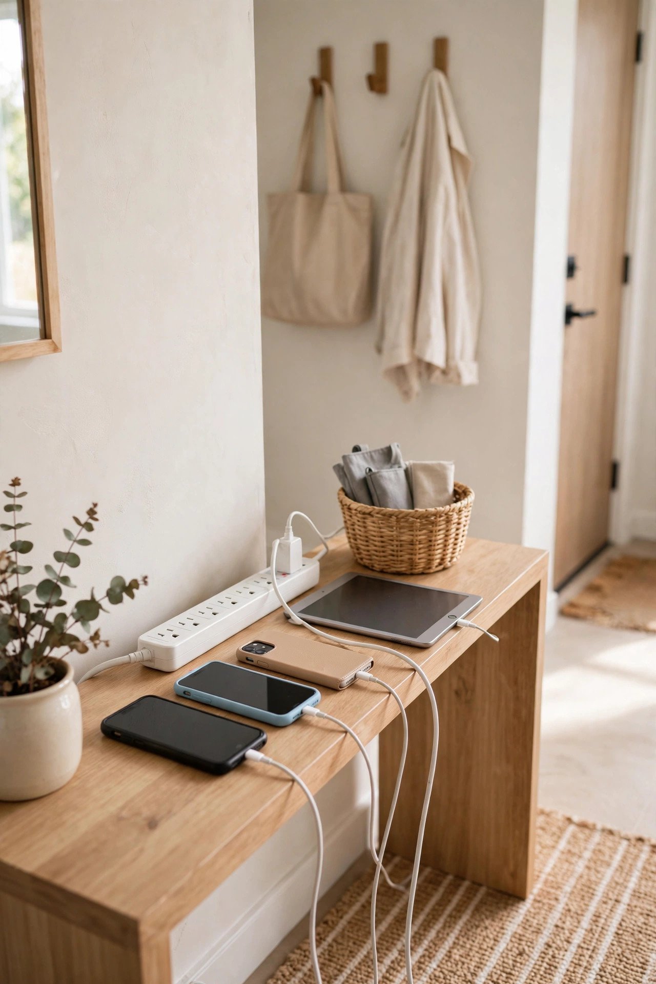 A hallway counter used as a family charging station with phones and a tablet plugged into one power strip
