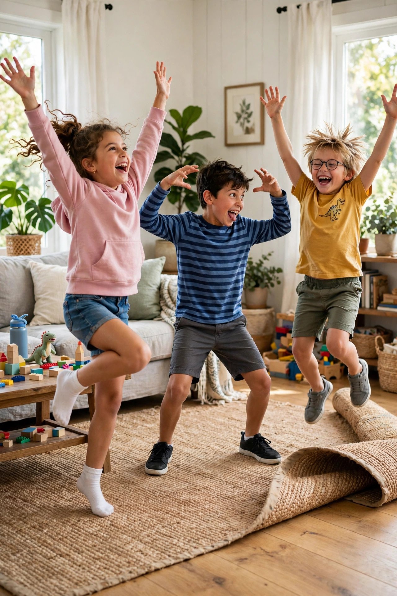 Three kids frozen mid-dance in silly poses with arms in the air in a living room.