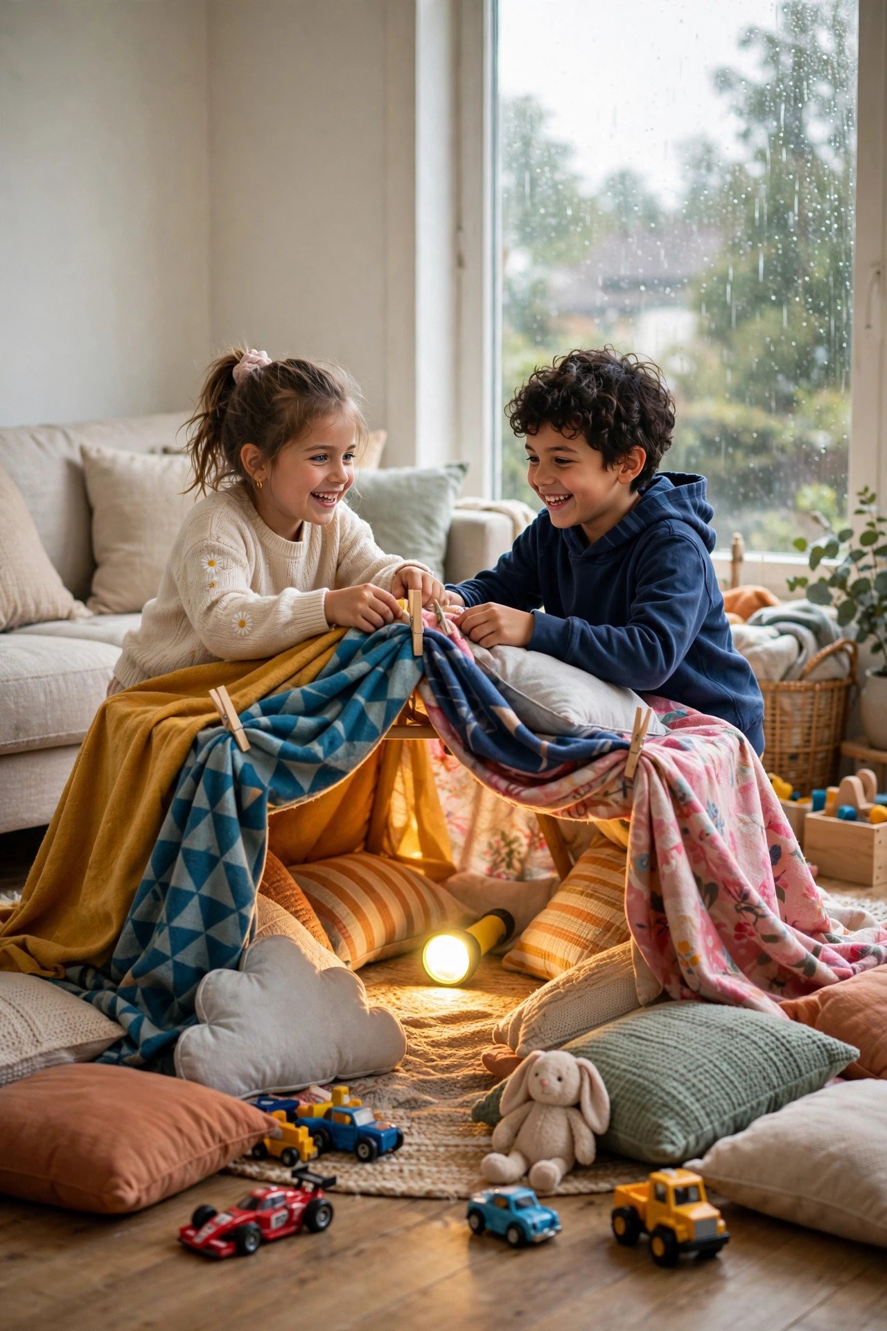 Kids rainy day indoor activities collage.