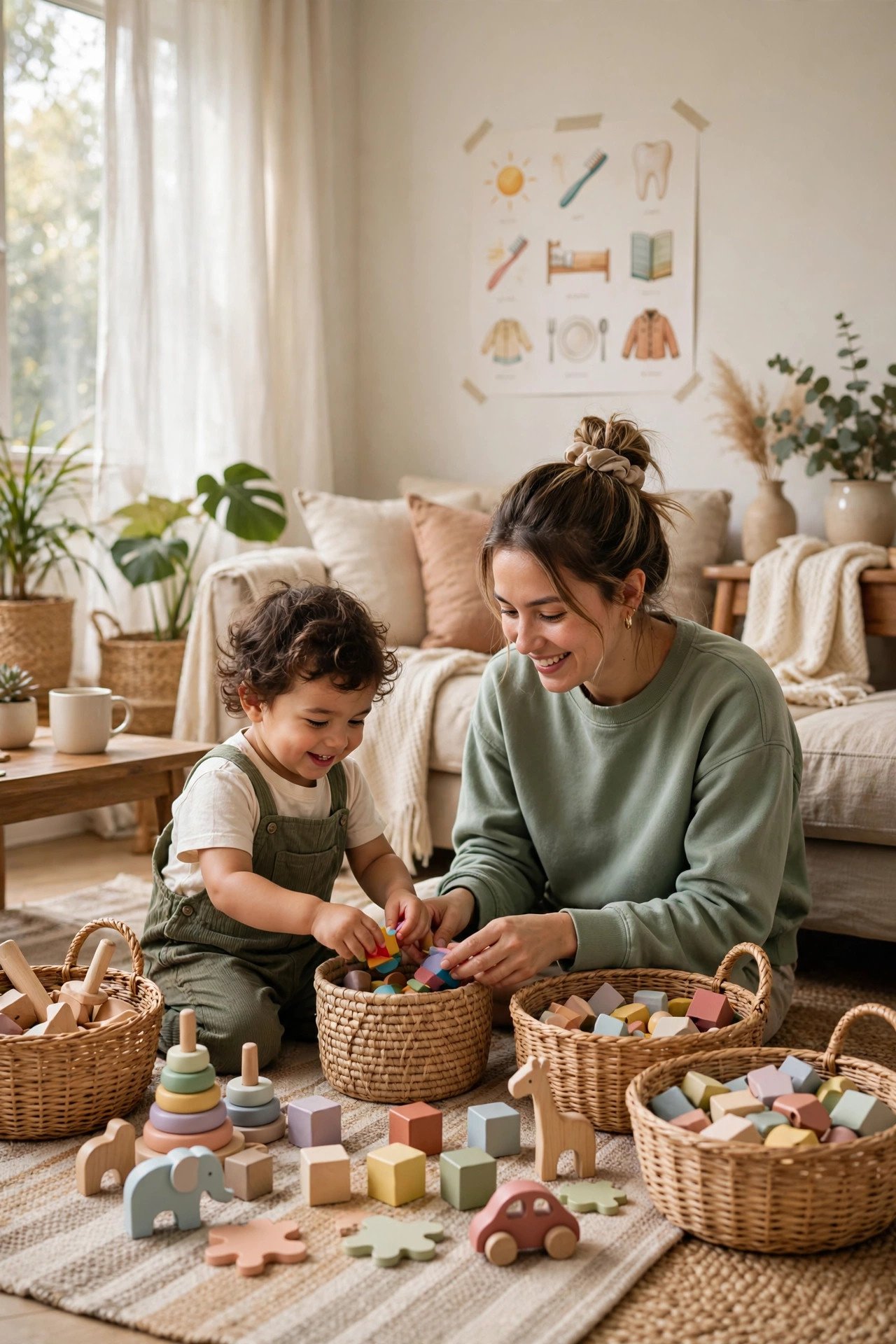 A mom and her toddler sorting colorful toys into baskets together on a living room rug.