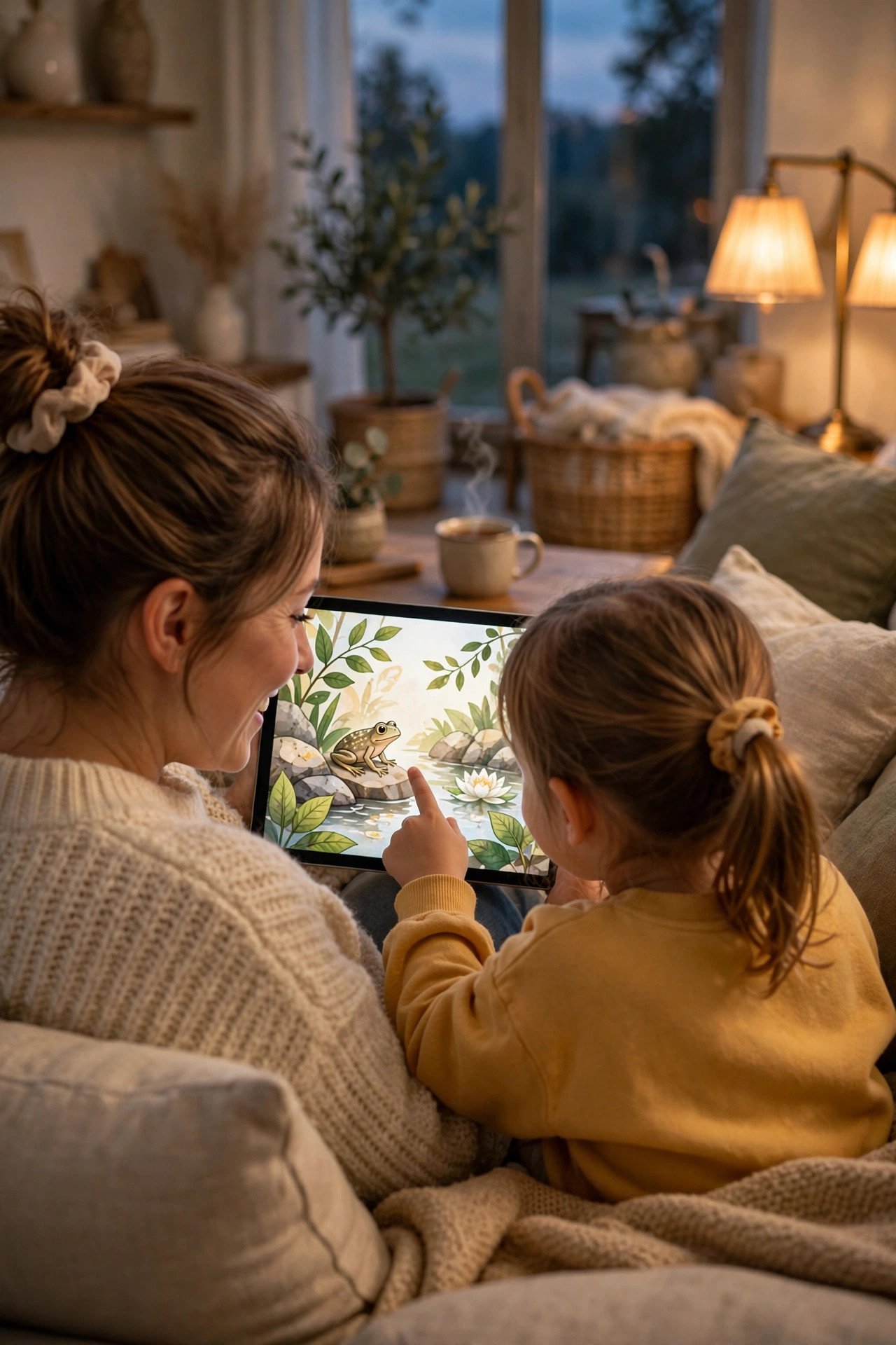 Mom and young daughter watching a tablet together on a couch, smiling and talking