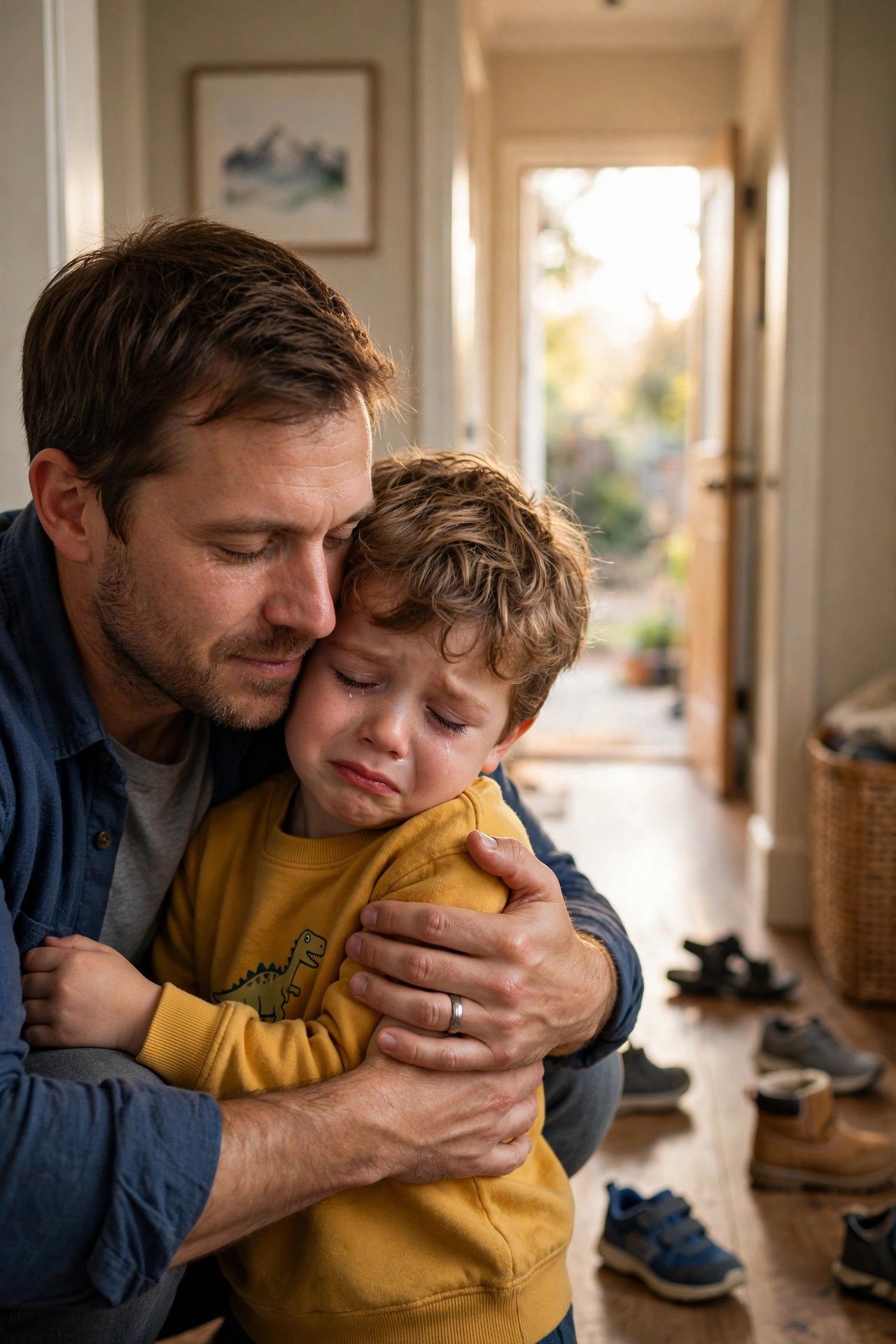 Father crouching to comfort his crying preschooler in a home hallway