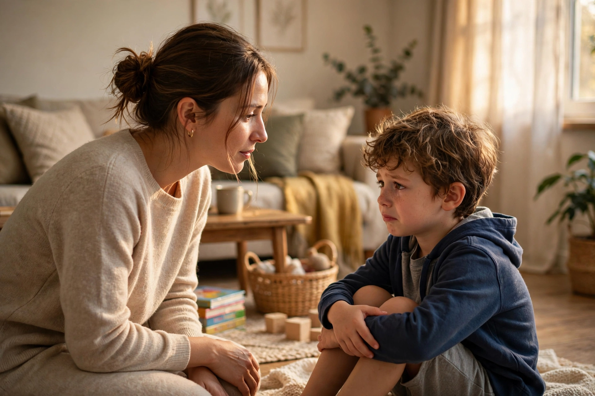 Parent talking calmly with a child at eye level
