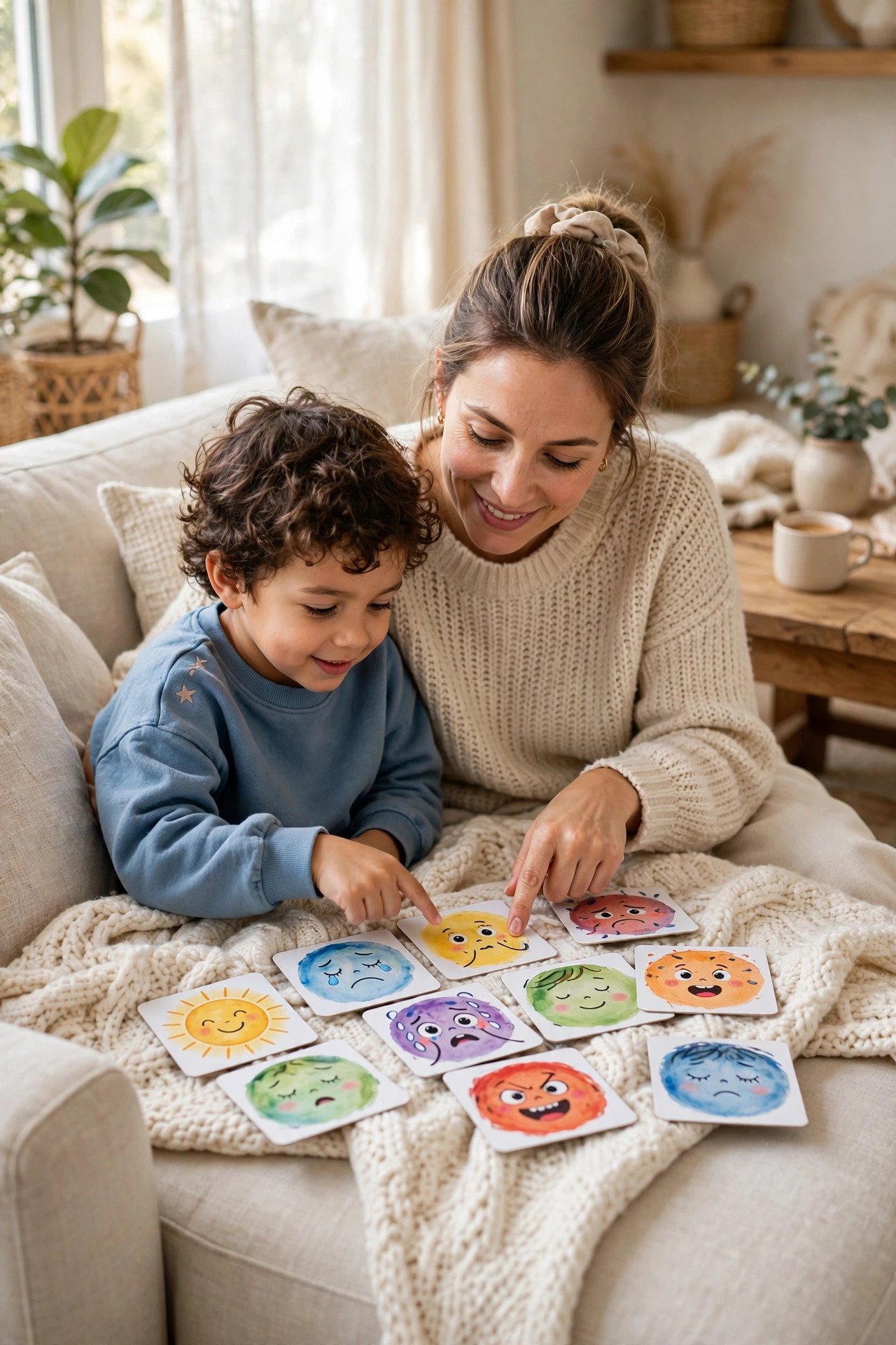 Mom and young child looking at feelings flashcards together on a sofa