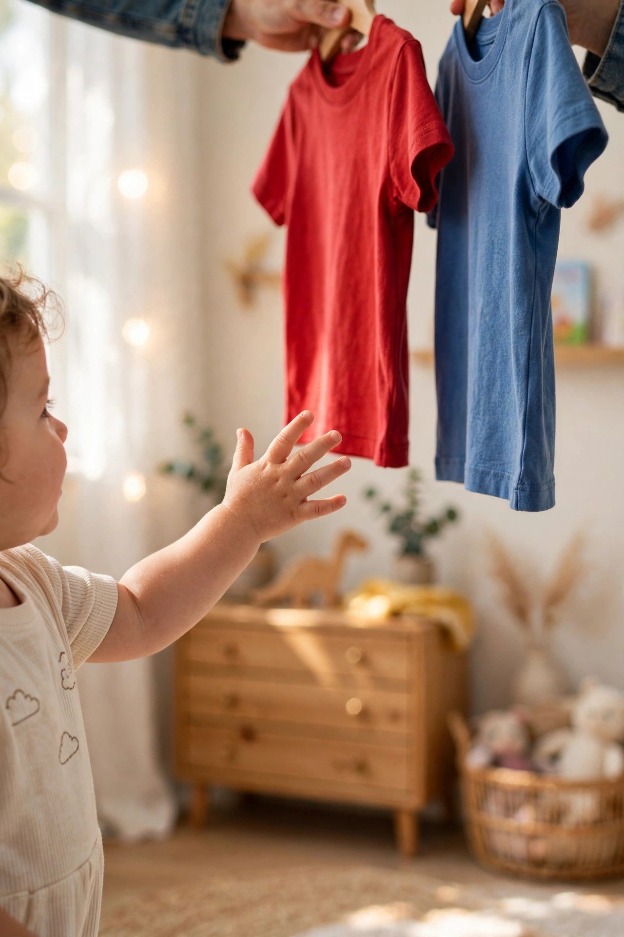 Toddler choosing between a red shirt and a blue shirt held up by a parent