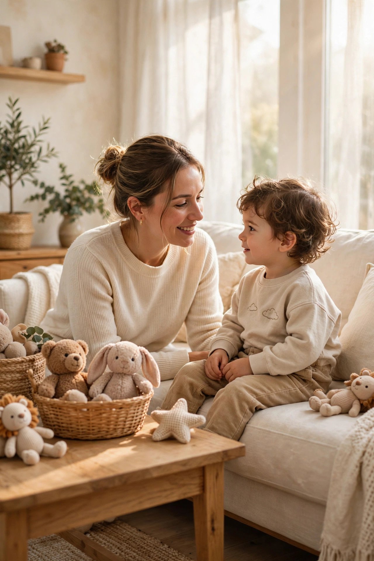 Smiling mom and toddler sitting together on a couch, mom speaking gently at the child's eye level
