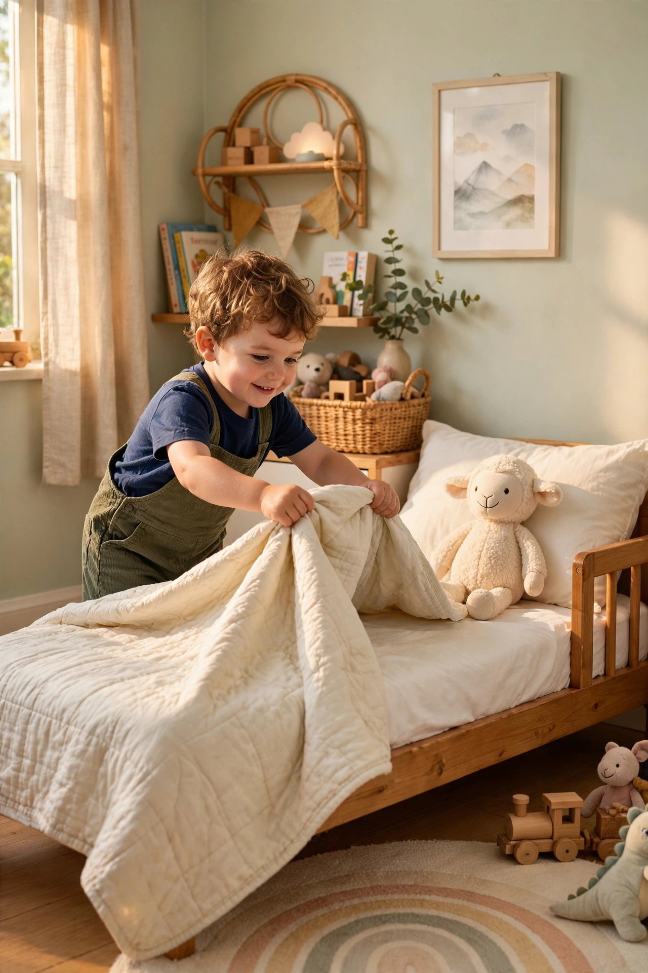 A preschool boy pulling a light blanket up on his small bed with a stuffed animal waiting.
