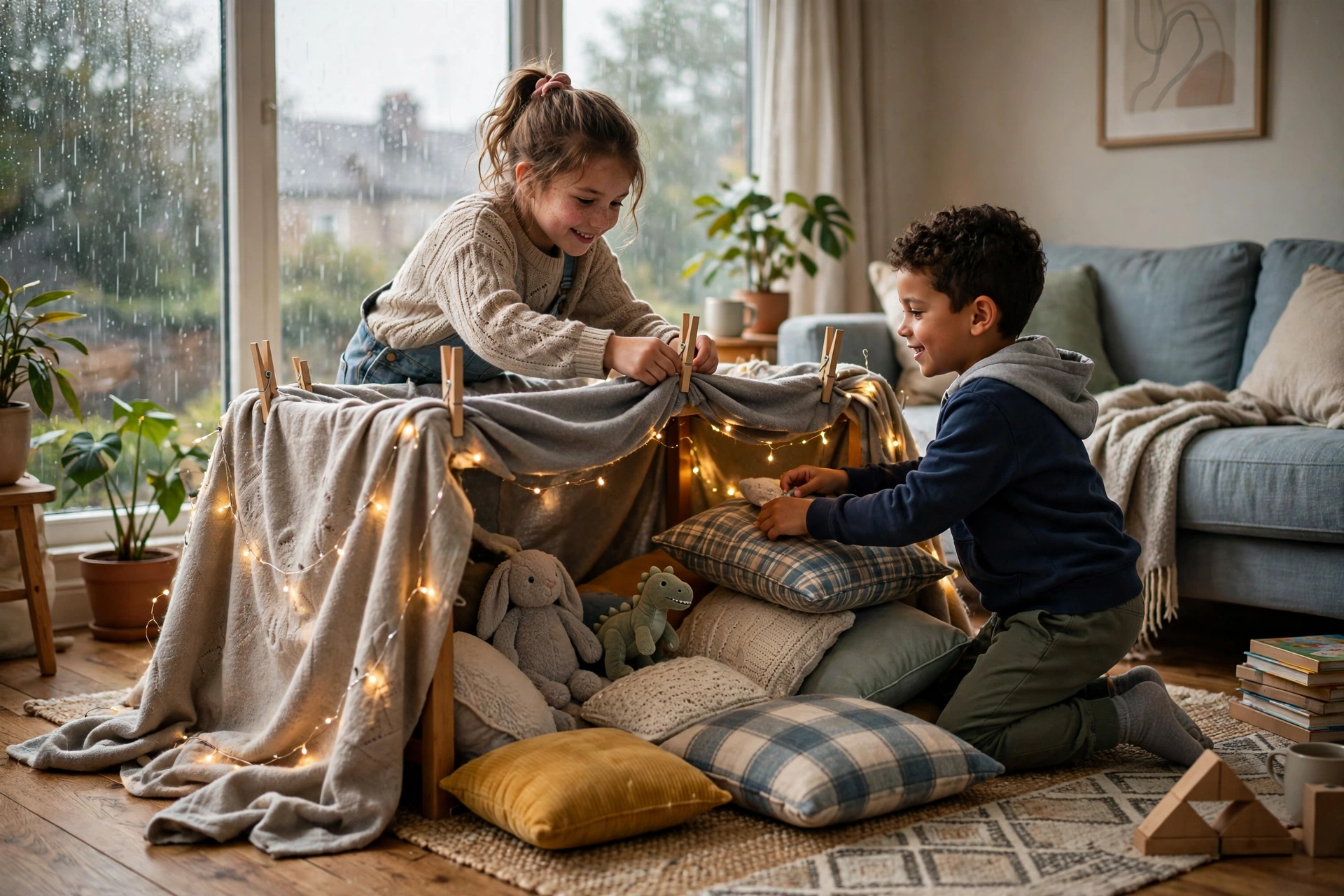 Two kids building a blanket fort by a rain-streaked window