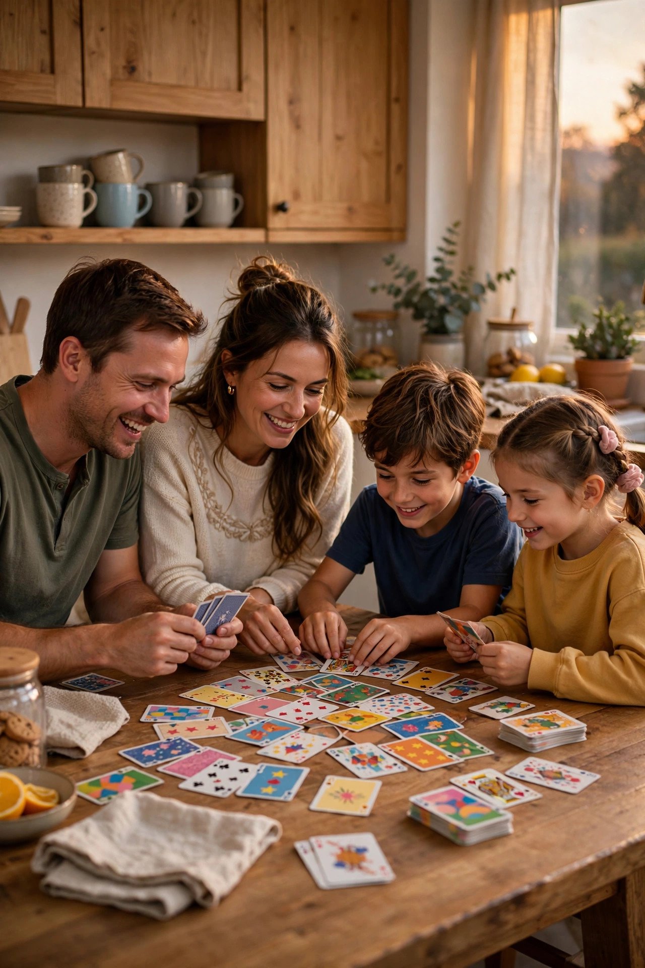 A family playing a card game together at a wooden kitchen table, cards spread out, everyone smiling.