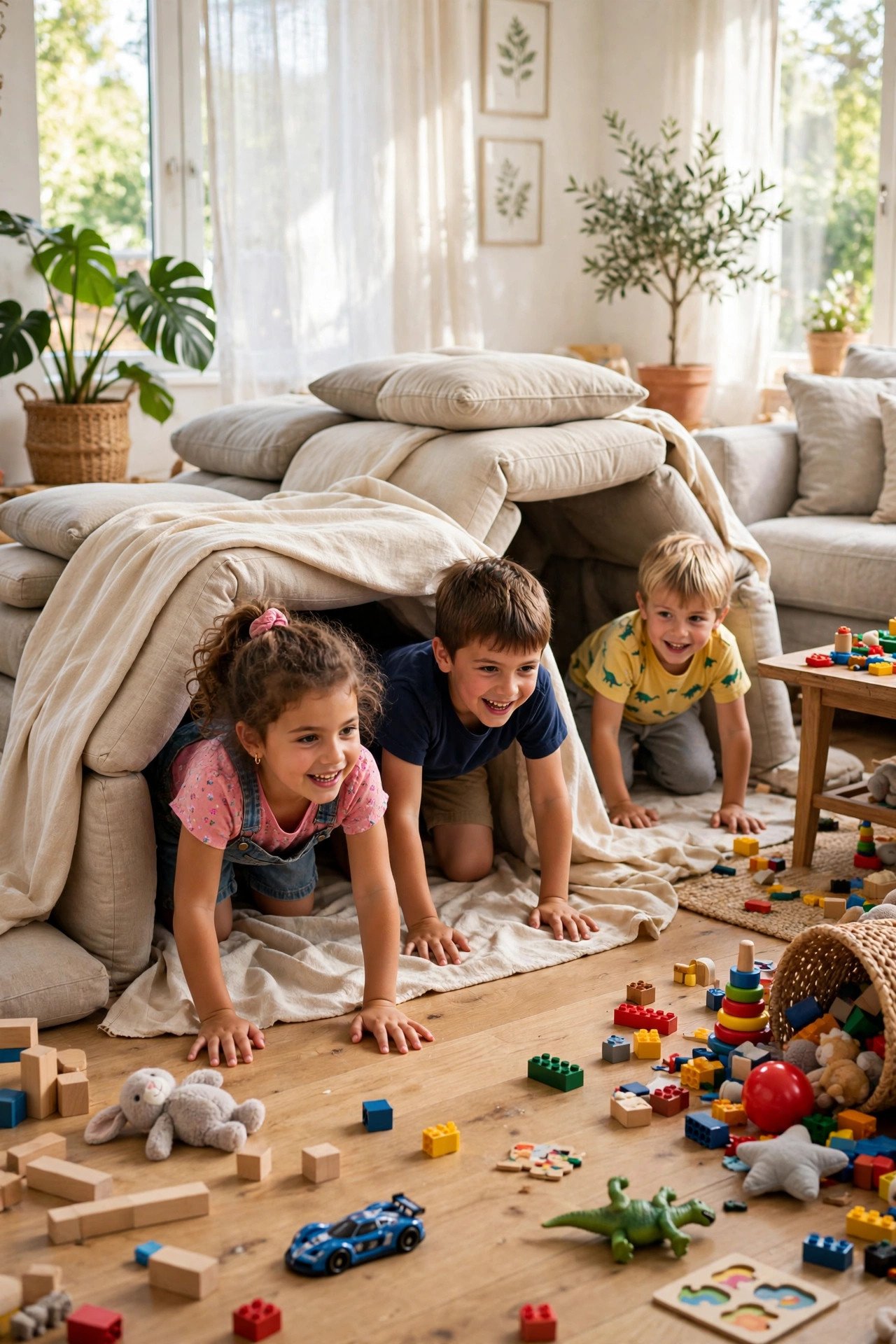 Kids crawling through a living room obstacle course made of couch cushions and a blanket tunnel.
