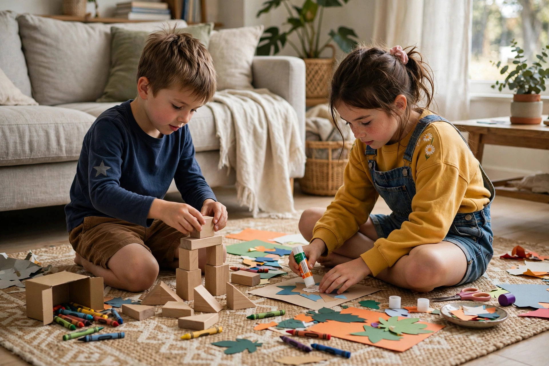 Two kids building with blocks on the living-room floor, no screens