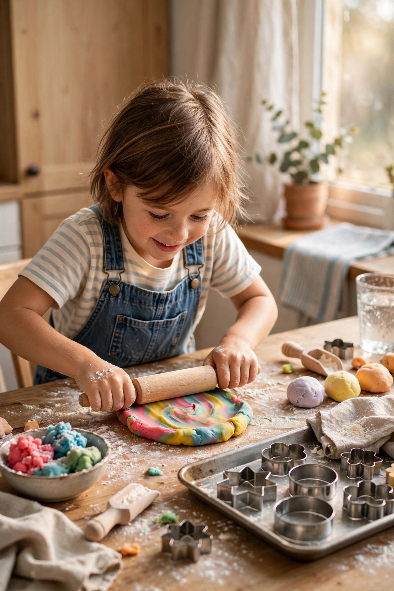A child rolling playdough with a small rolling pin at a kitchen table set up like a bakery, with cookie cutters nearby.