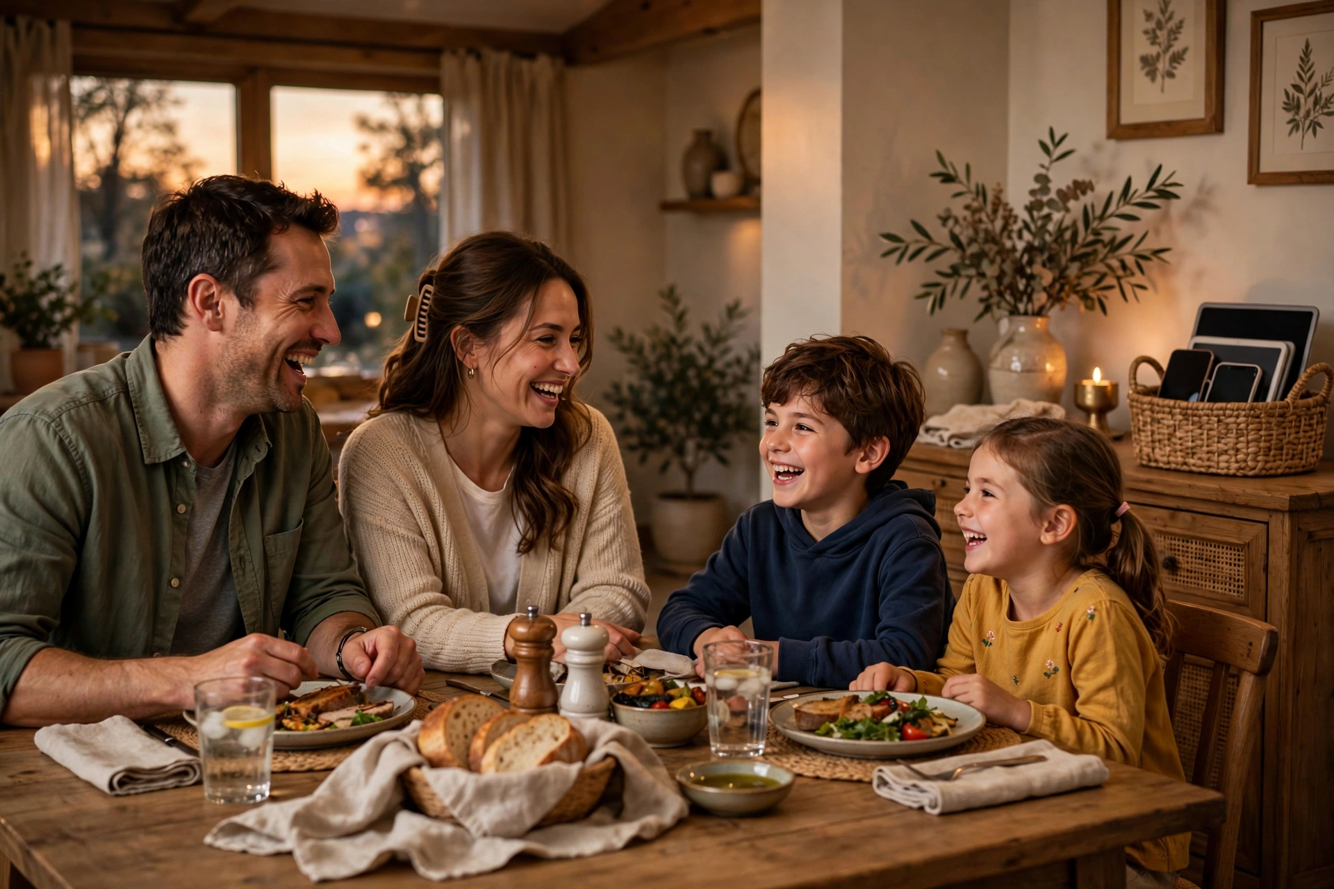 Family laughing at the dinner table with phones in a basket