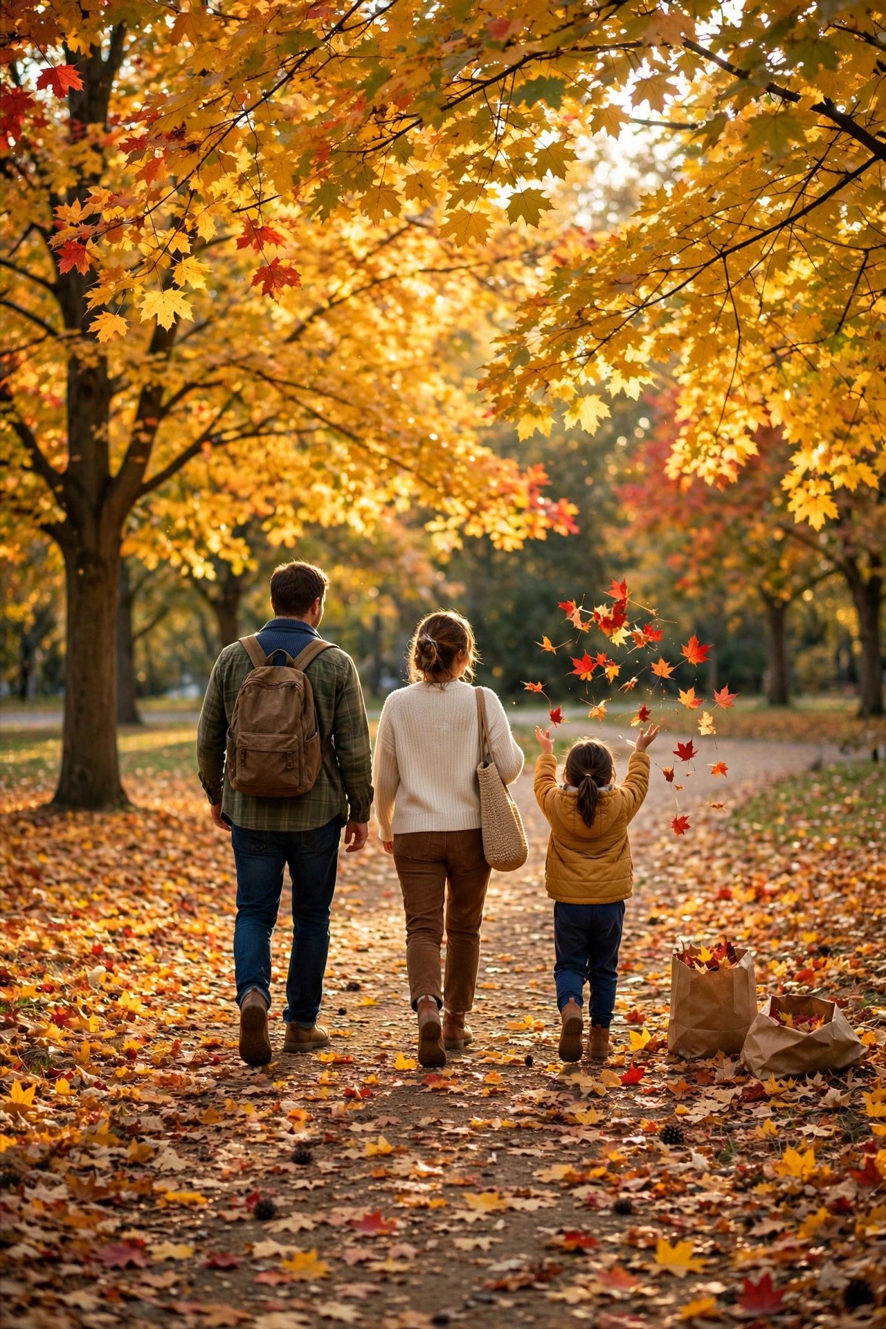 Family walking on a leaf-covered park path in autumn, a child tossing colorful fallen leaves in the air