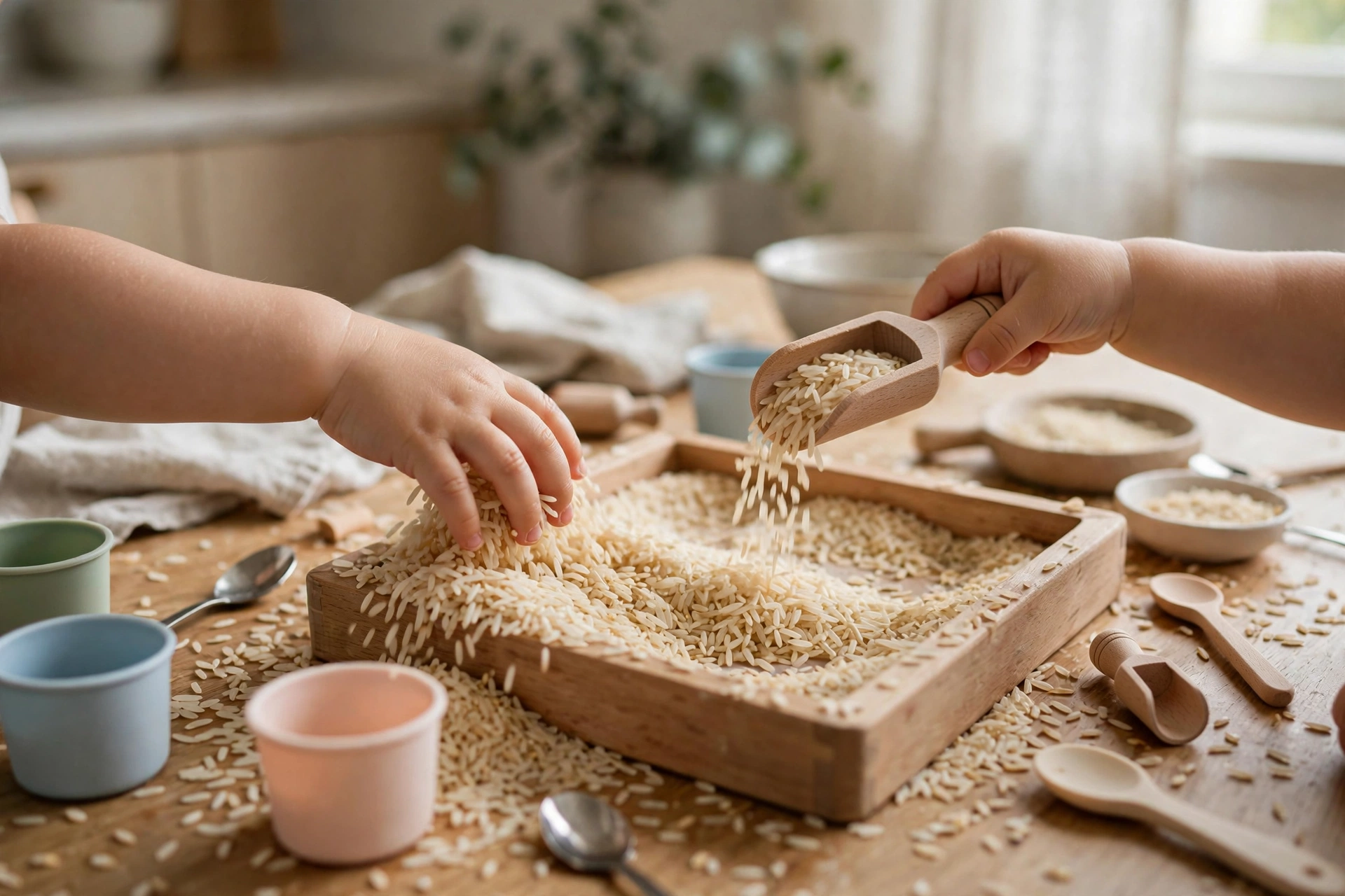 Toddler hands playing in a sensory bin of rice and scoops