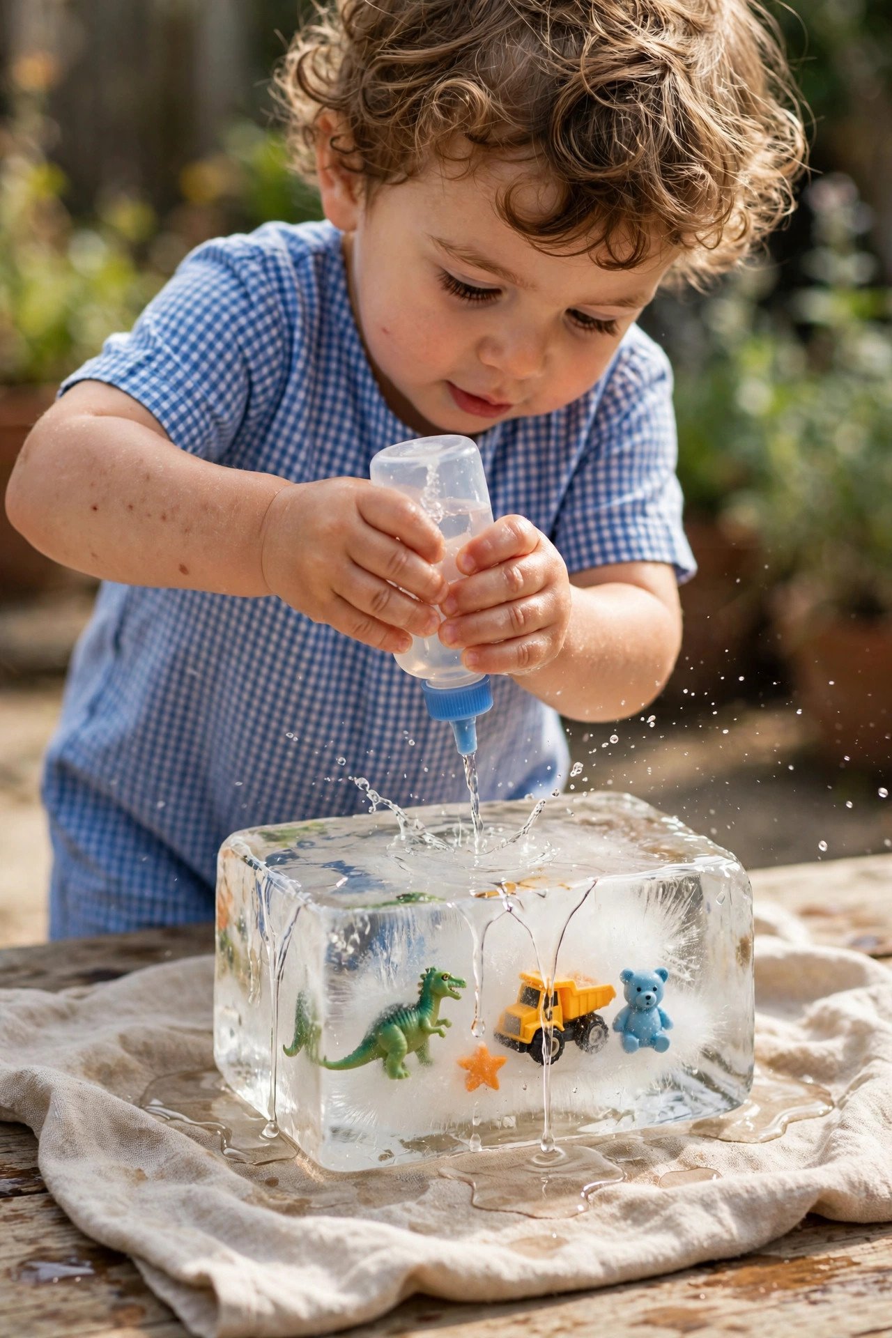 A toddler using a squeeze bottle of warm water to melt ice and rescue small toys from a frozen block.