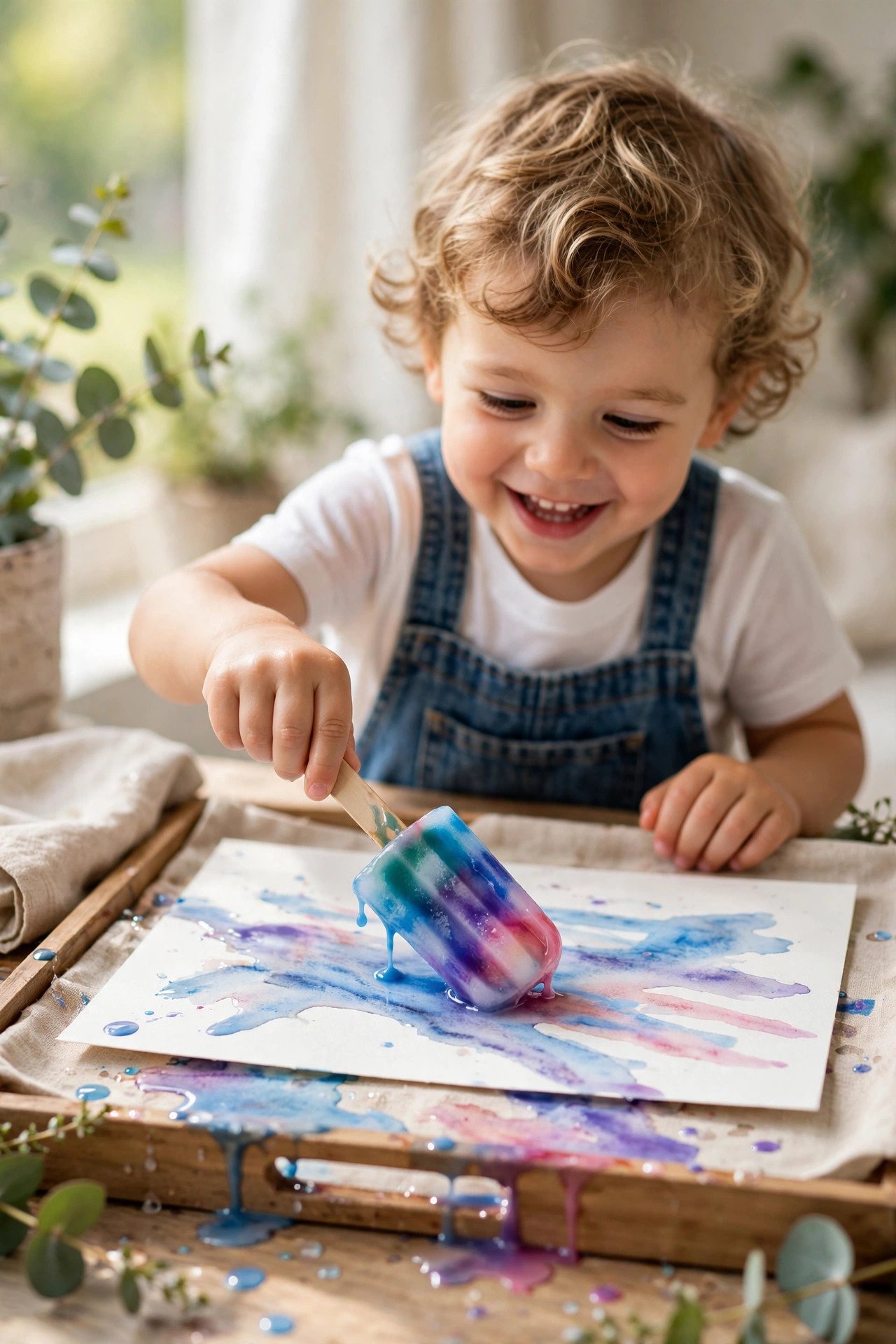 A toddler painting with melting colored ice cubes on paper, leaving bright watercolor trails.