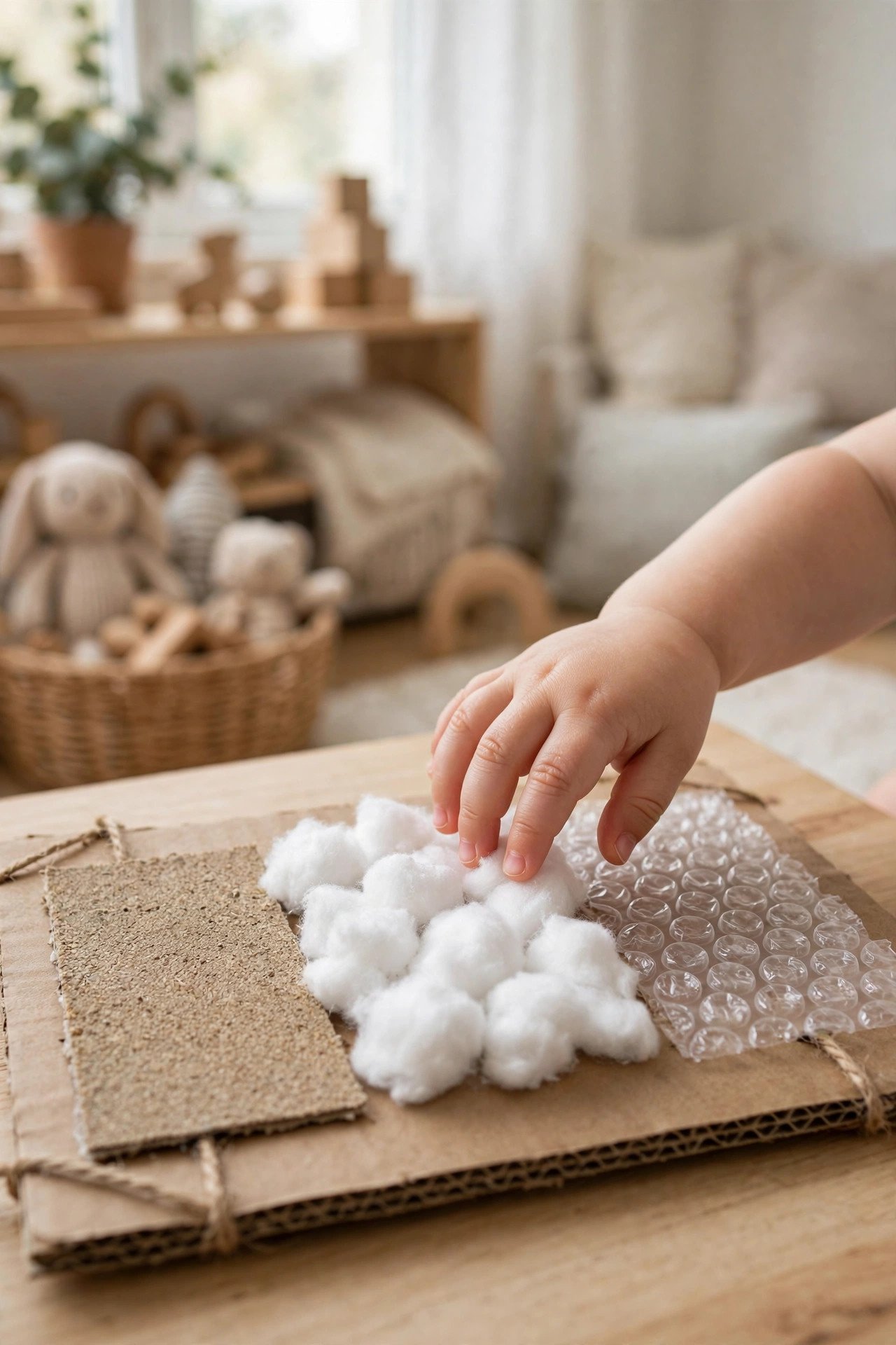 A toddler's hand touching a homemade texture board with sandpaper, cotton balls, and bubble wrap squares.