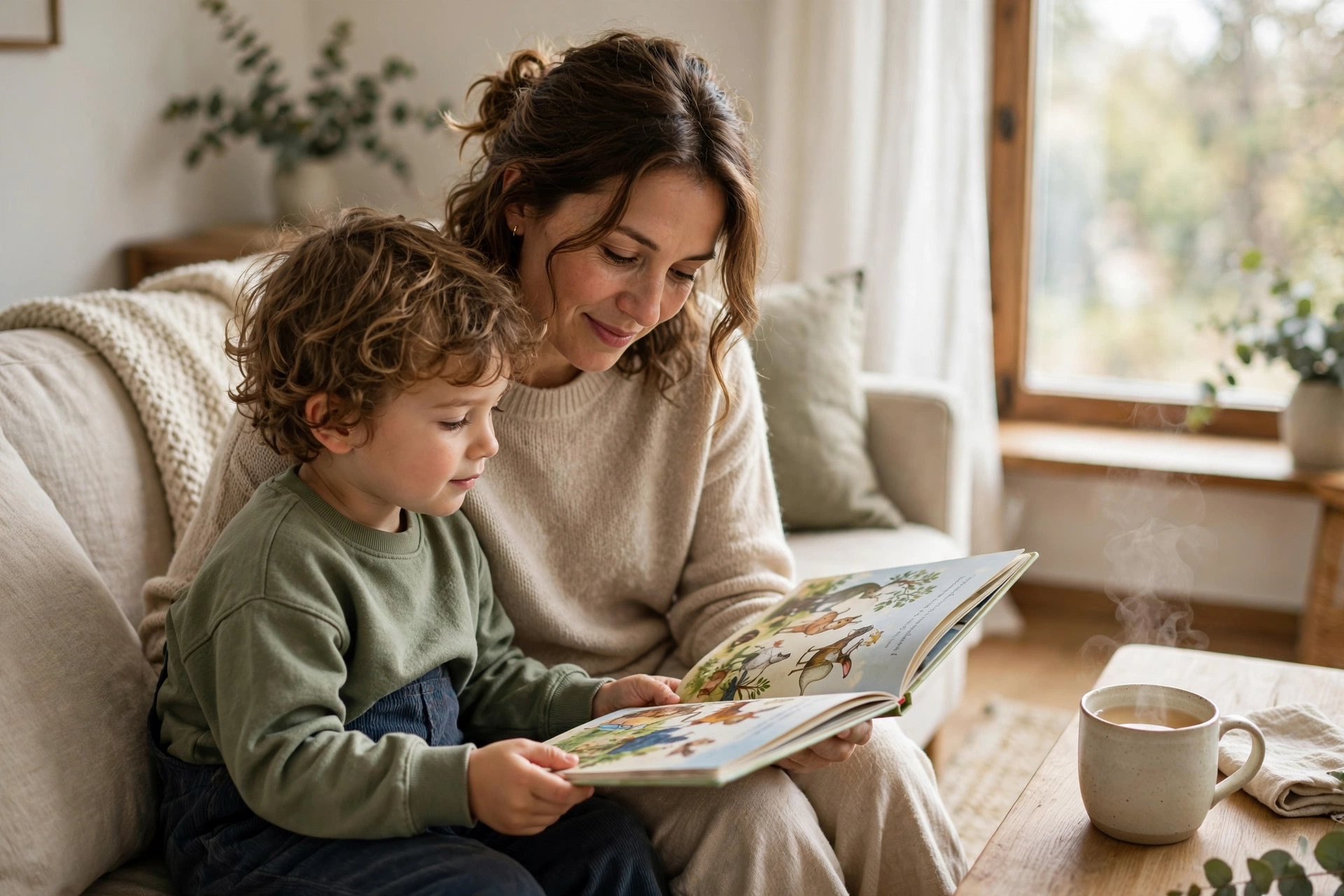 Mom and child reading a picture book together on the couch