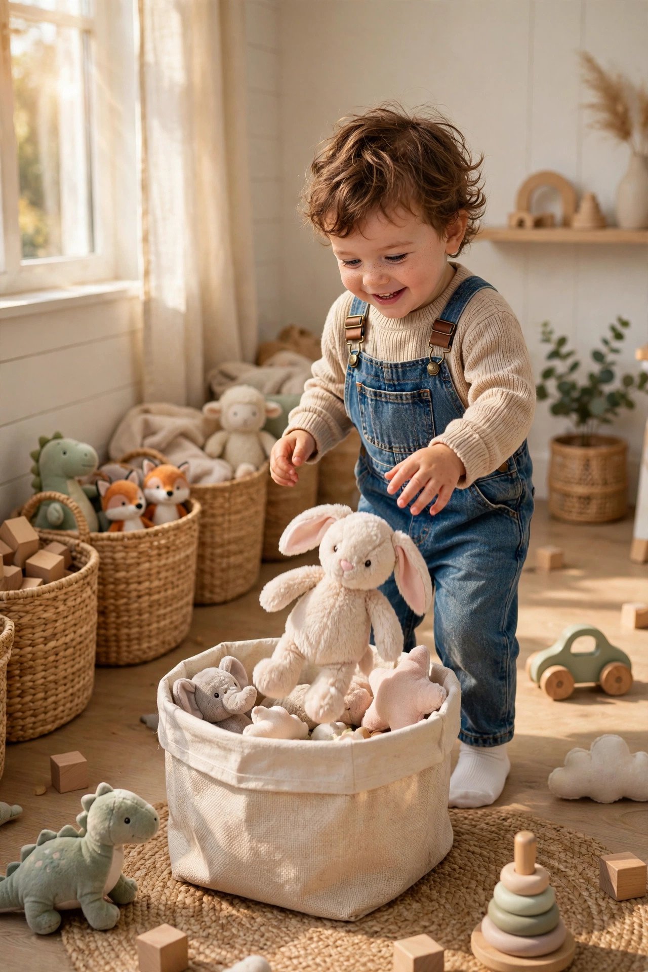 A toddler dropping a stuffed bunny into a fabric toy basket in a sunlit playroom.