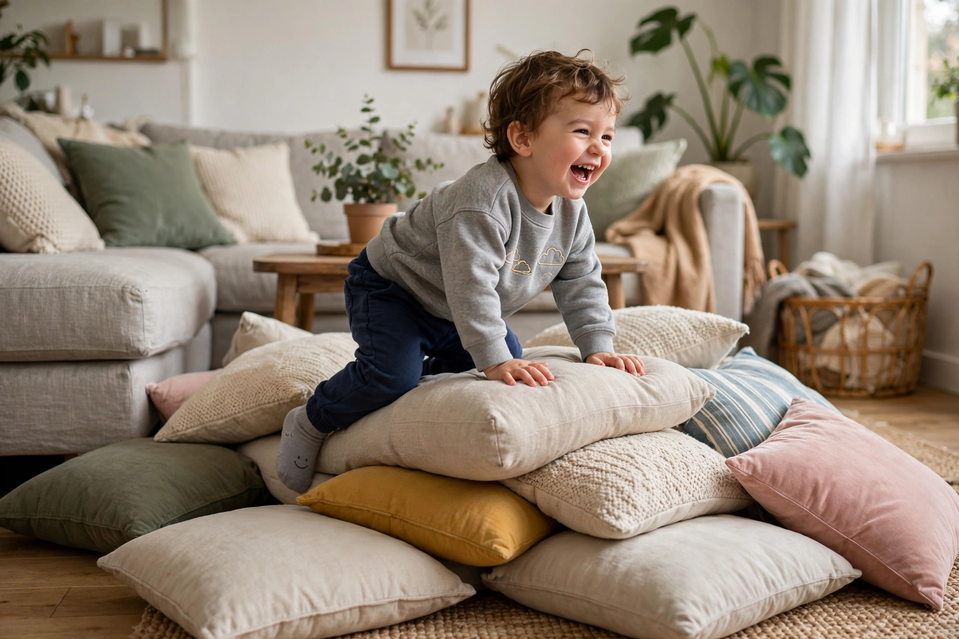 Laughing toddler climbing over a cushion obstacle course