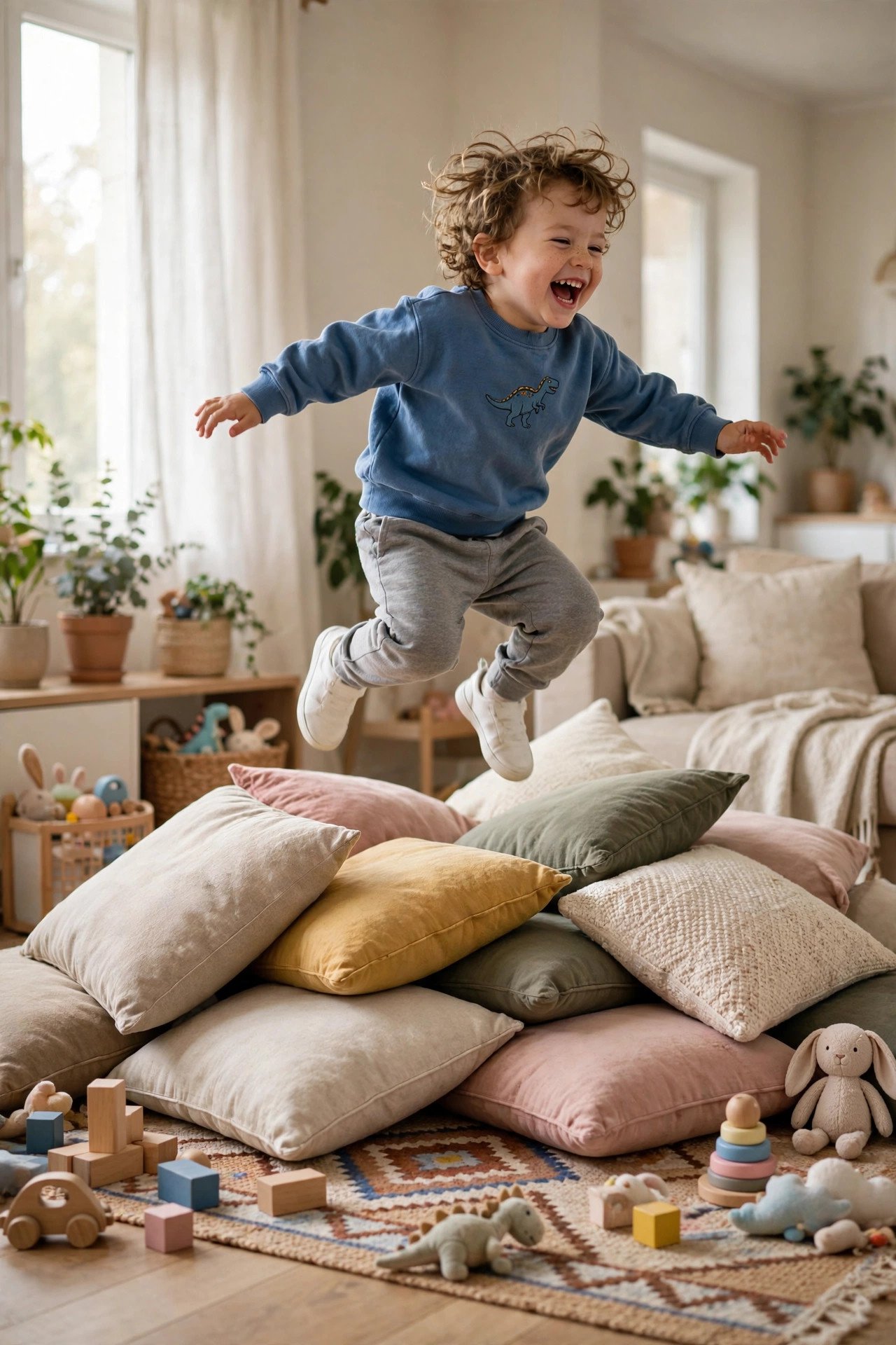 Toddler indoor movement activities living room.