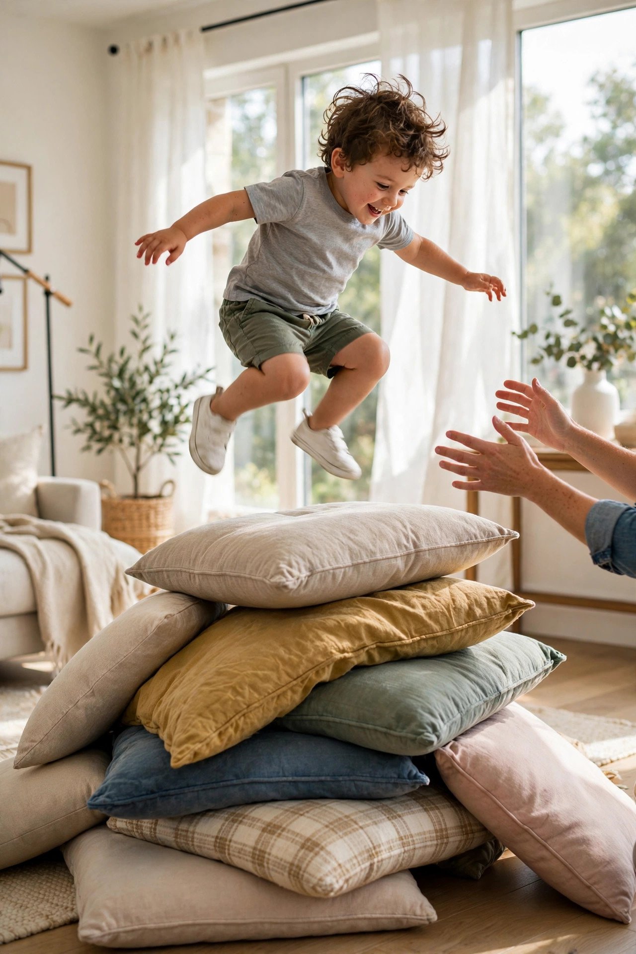 A toddler leaping onto a stack of couch cushions piled on a living room floor.