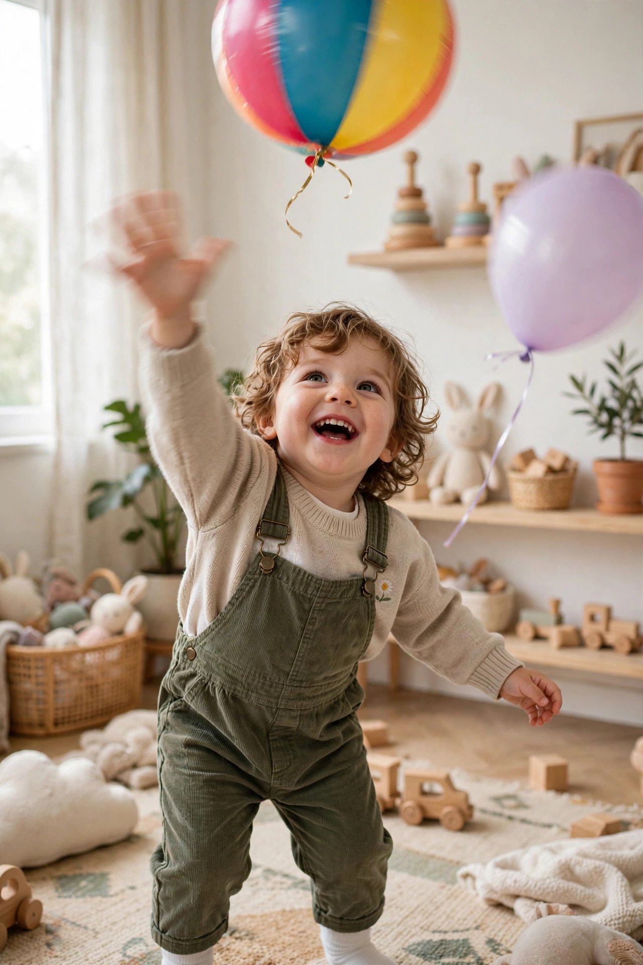 A toddler reaching up to tap a colorful balloon in a bright playroom.