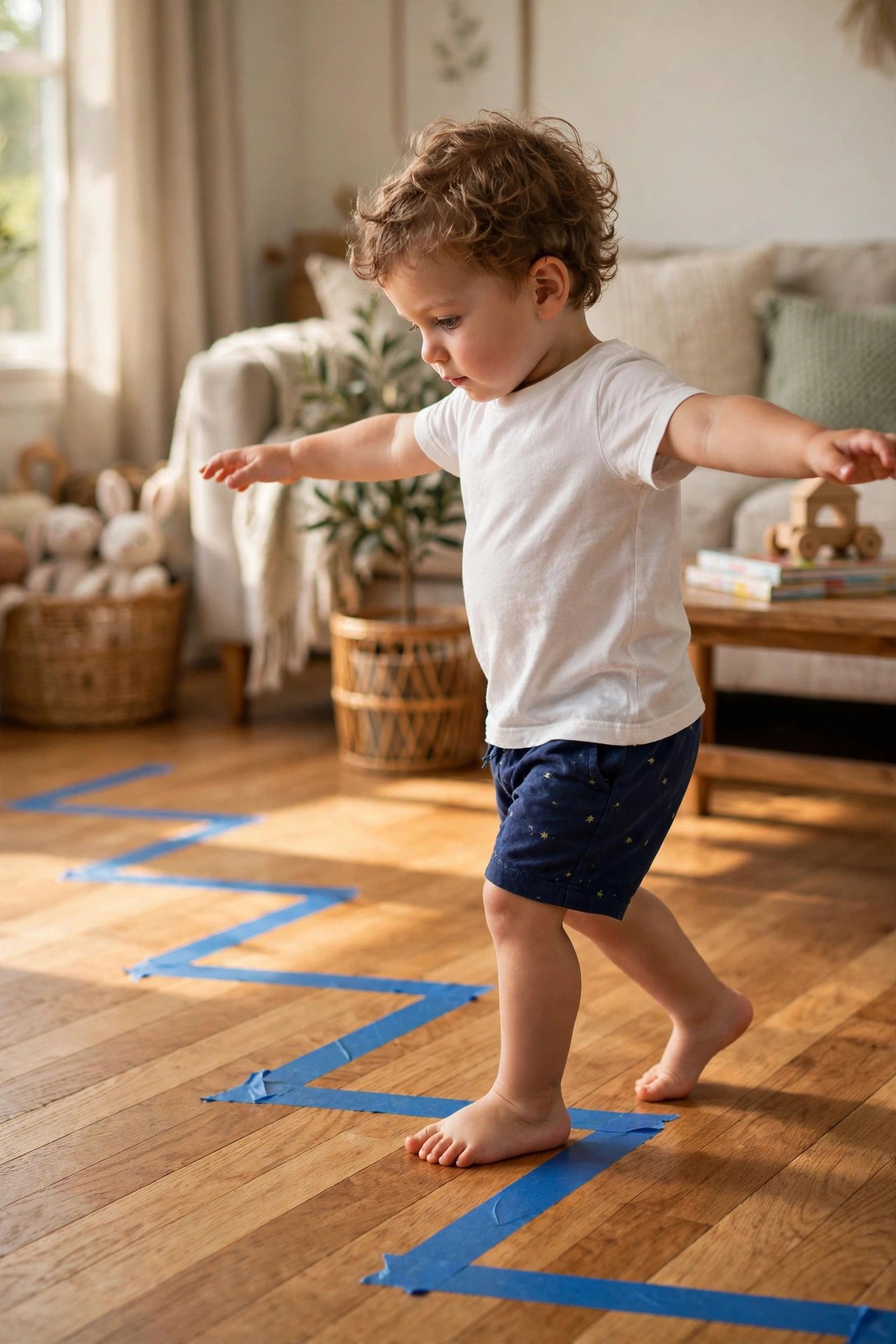 A toddler carefully walking along a blue painter's tape line on a wooden floor with arms out for balance.