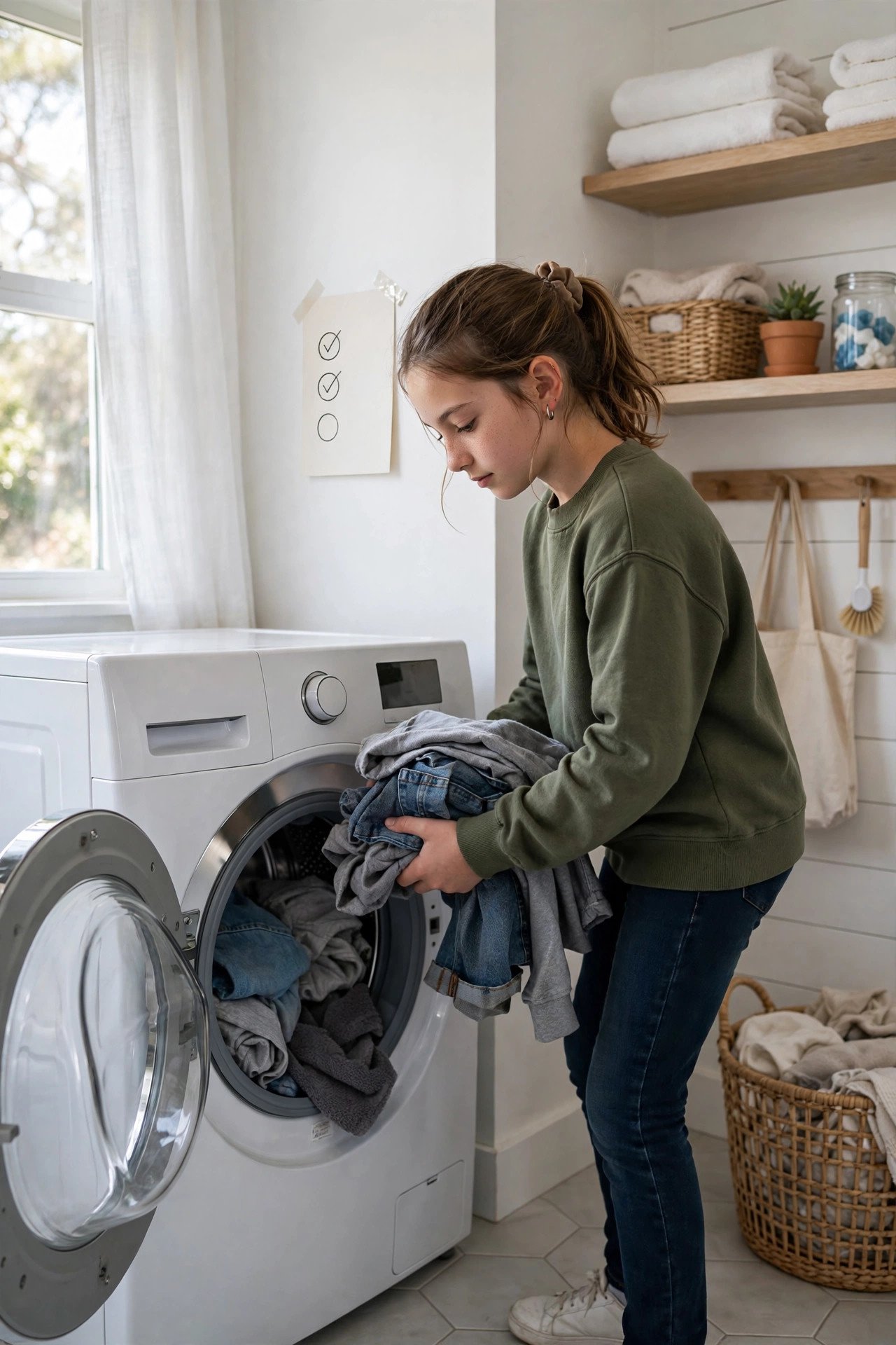 A tween loading clothes into a front loading washing machine in a laundry room.