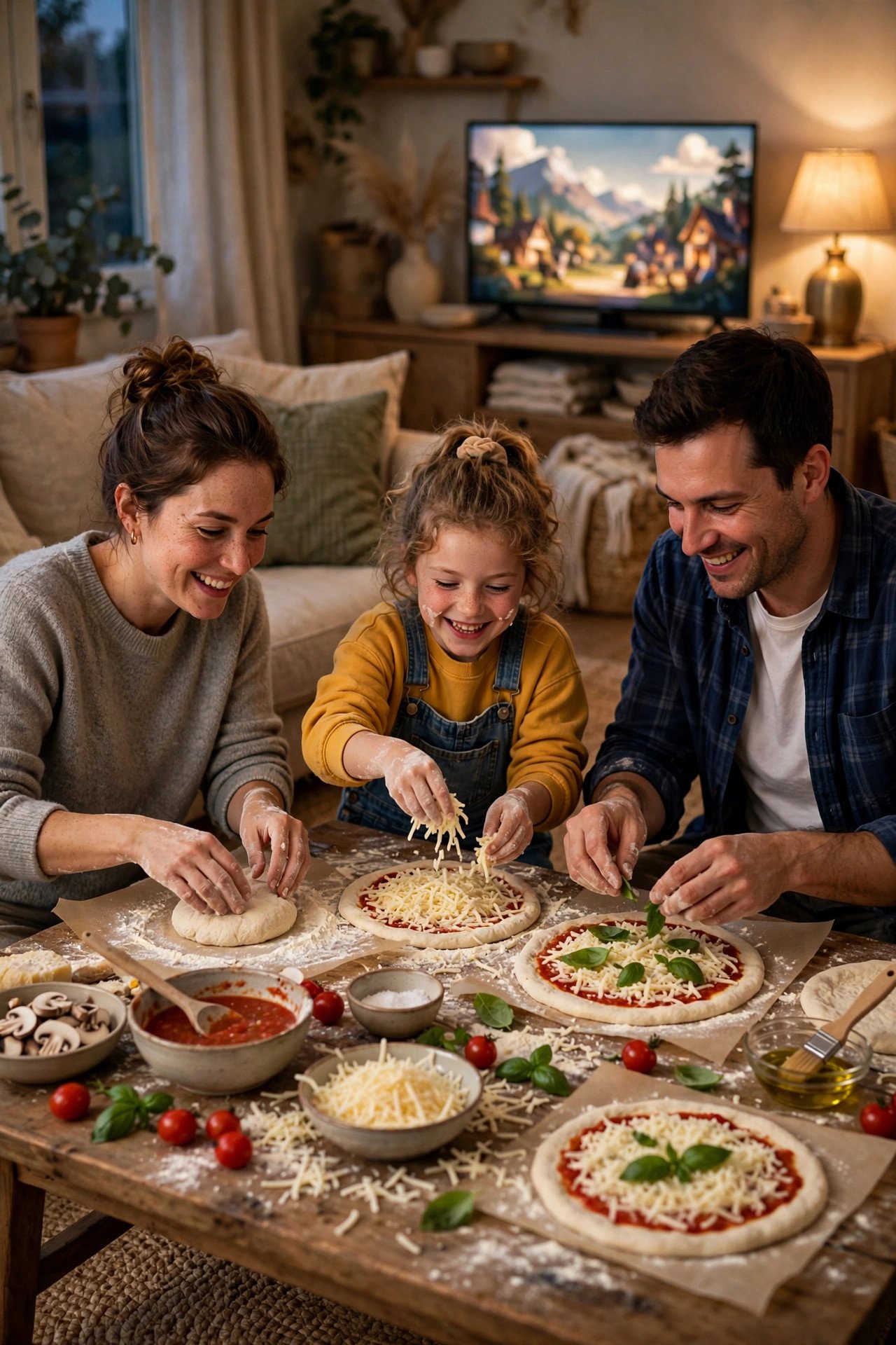 Family making homemade pizzas together on a Friday night, flour on hands, ingredients spread on the table